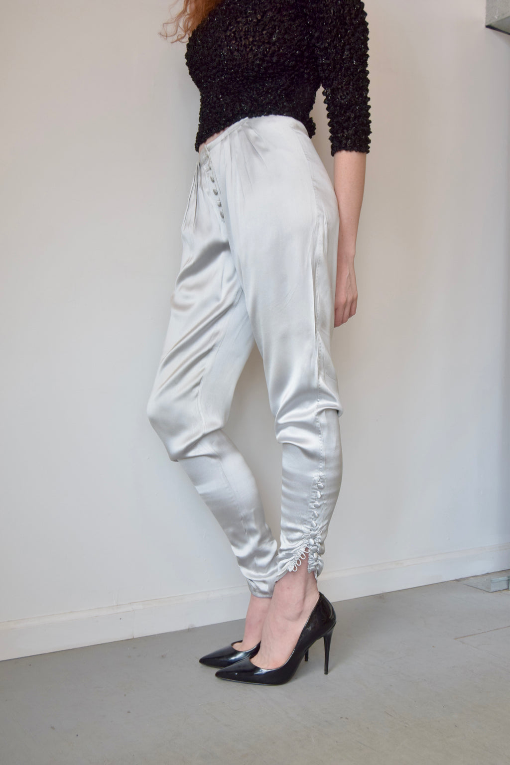 YVES SAINT LAURENT SILK SATIN GREY BLUE TROUSERS