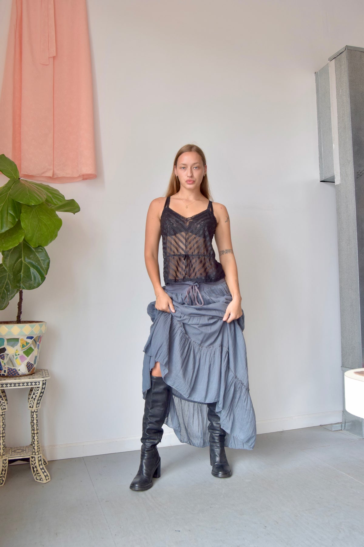 VINTAGE STRIPED BLACK SINCH WAIST LACE TRIM CAMI