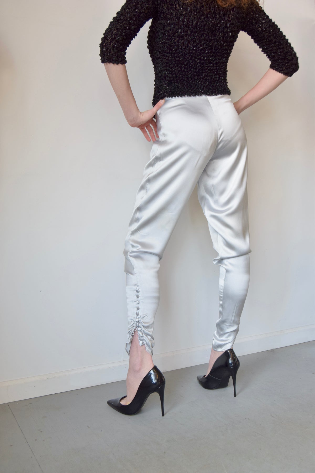 YVES SAINT LAURENT SILK SATIN GREY BLUE TROUSERS