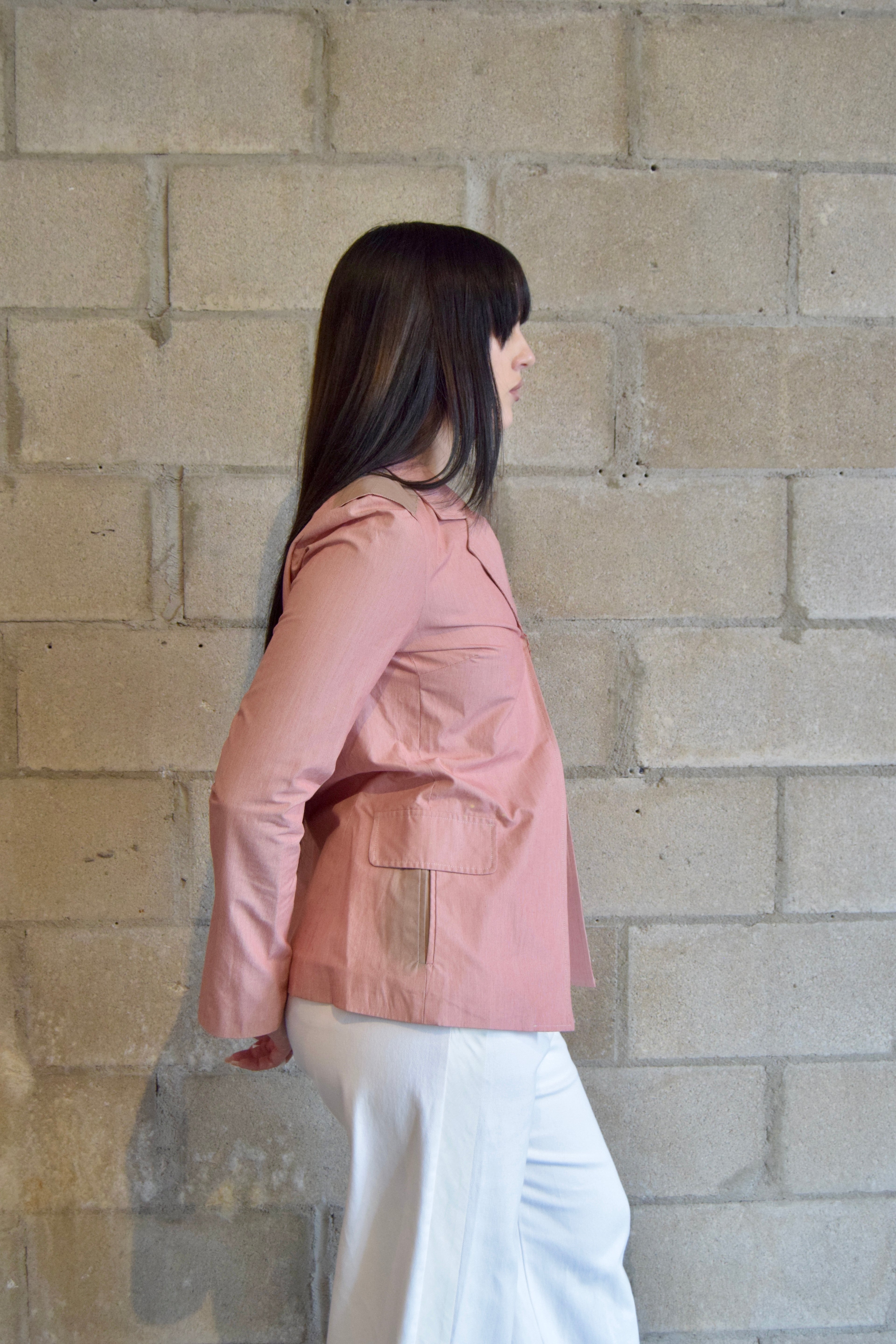 RED AND WHITE PINSTRIPE BUTTONLESS BLAZER WITH PAINTED SHOULDER PADS