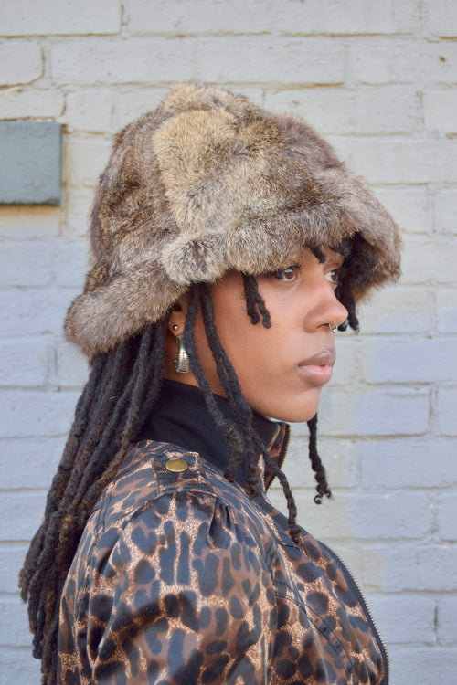 BROWN FUR BUCKET HAT WITH WOOL LINING