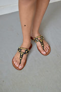 MYSTIQUE BROWN AND BLACK LEATHER GOLD STUDDED FLIP FLOPS