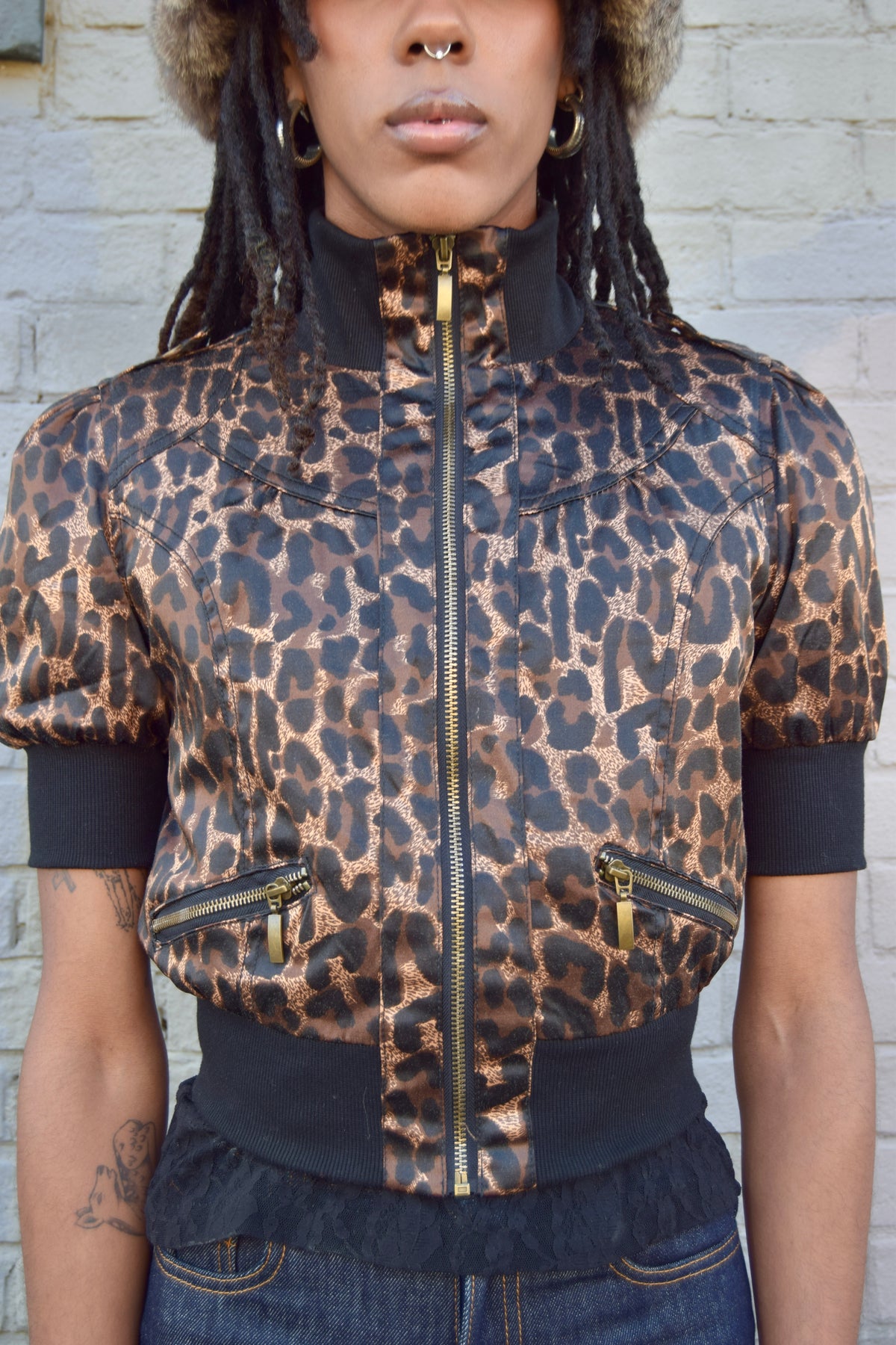 ASHLEY CHEETAH PRINT & BLACK QUARTER SLEEVE CROPPED JACKET