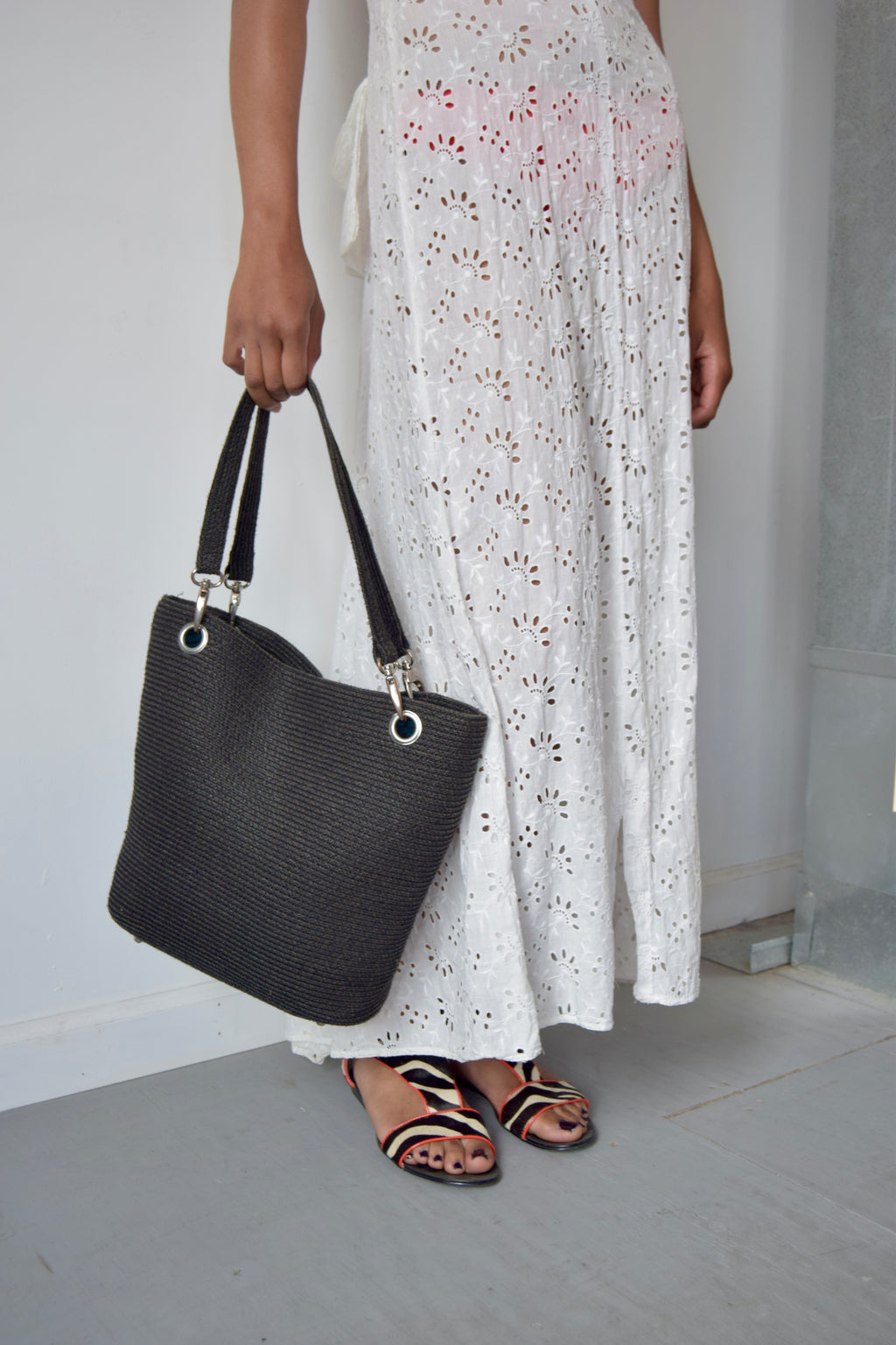 GREY BLACK WOVEN TOTE WITH SILVER HARDWARE