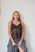 VINTAGE STRIPED BLACK SINCH WAIST LACE TRIM CAMI