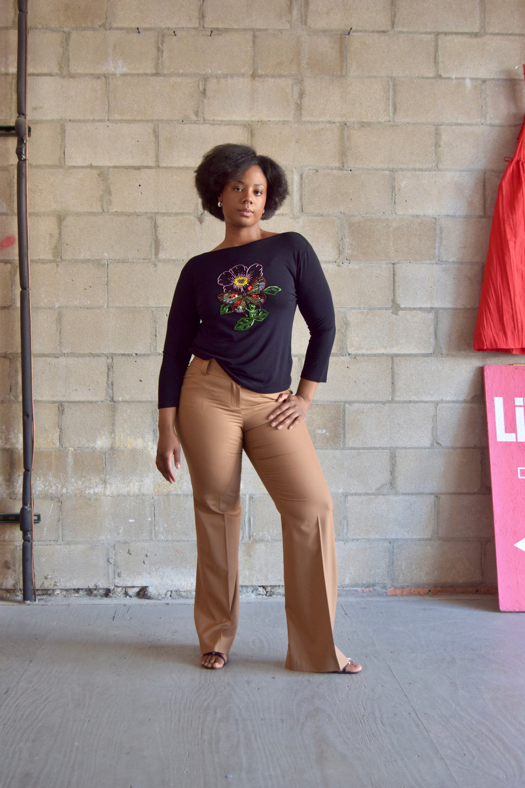 BELLDINI BLACK LONG SLEEVE TOP WITH  FLORAL EMBROIDERY