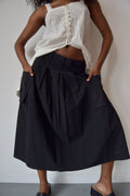 PRADA BLACK WAIST PLEATED MIDI SKIRT WITH FRONT POCKETS