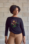BELLDINI BLACK LONG SLEEVE TOP WITH  FLORAL EMBROIDERY