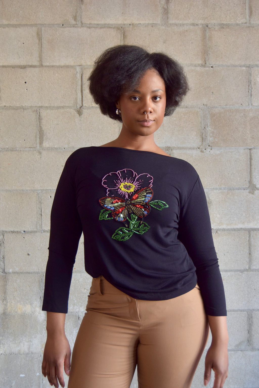 BELLDINI BLACK LONG SLEEVE TOP WITH  FLORAL EMBROIDERY