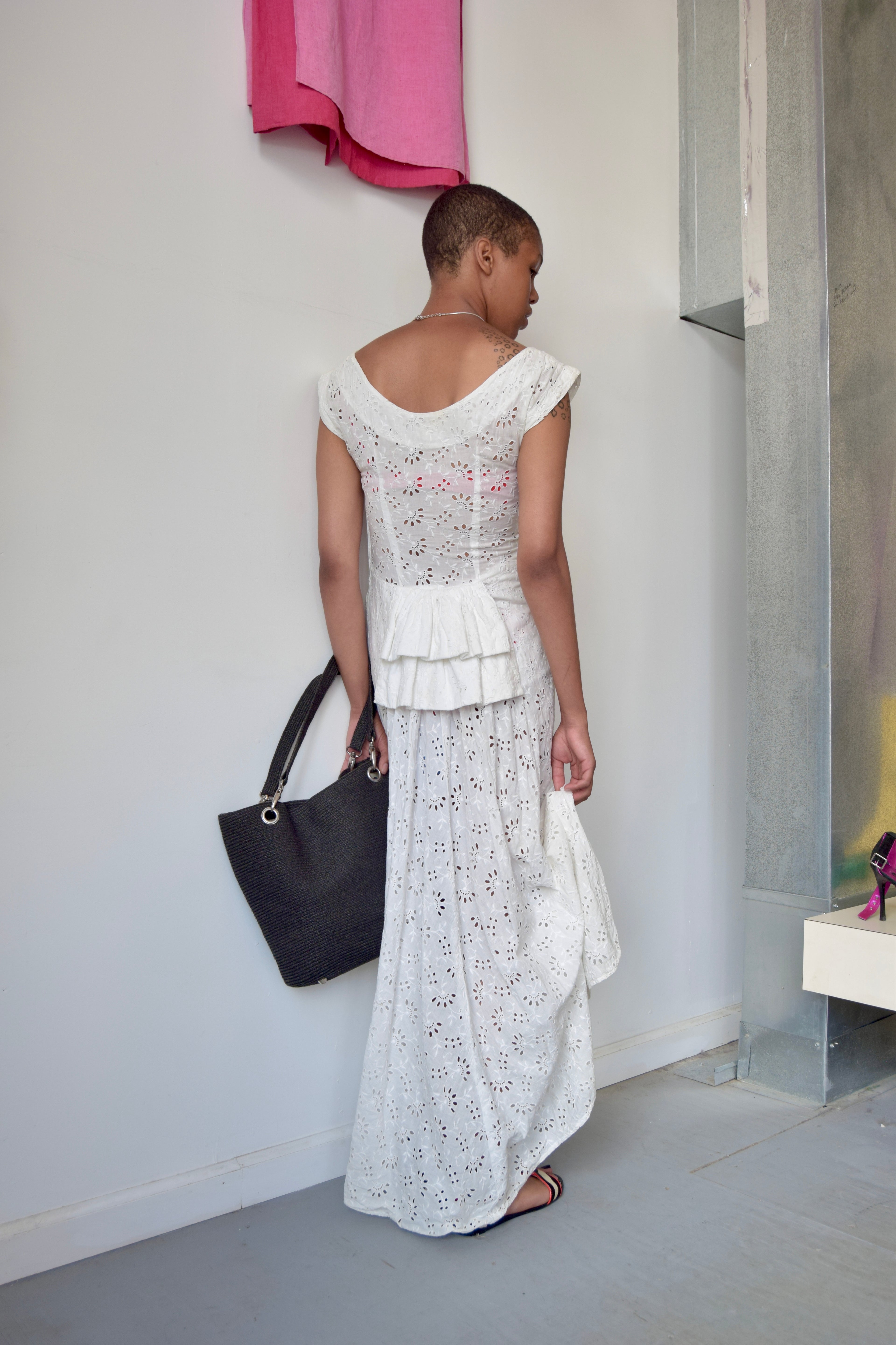 VINTAGE WHITE COTTON LACE SCOOP NECK MAXI DRESS WITH BACK RUFFLE TRIM