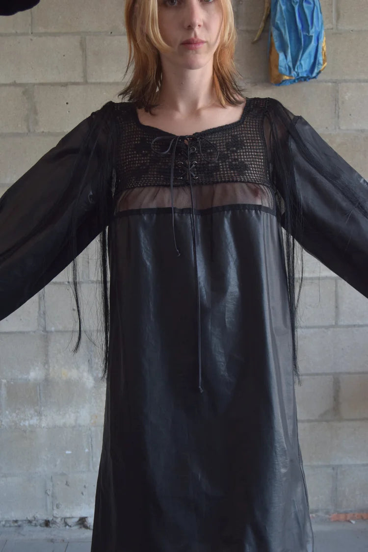 SACAI BLACK FEATHERED HAIR BABYDOLL DRESS