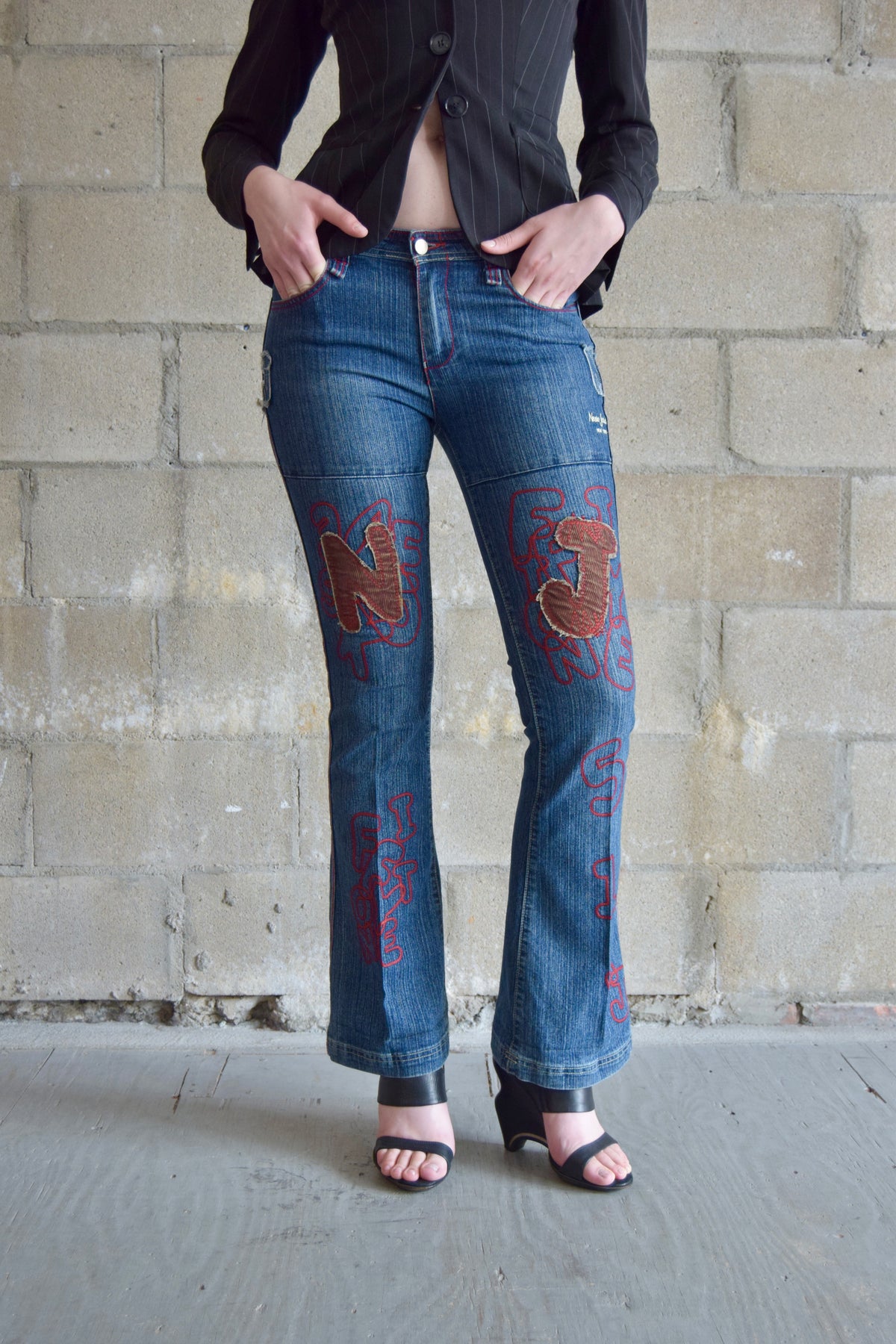 NEESO JEANS VINTAGE MAXILAMIST RED STITCH AND CORDUROY DETAIL LOW WAISTED JEANS