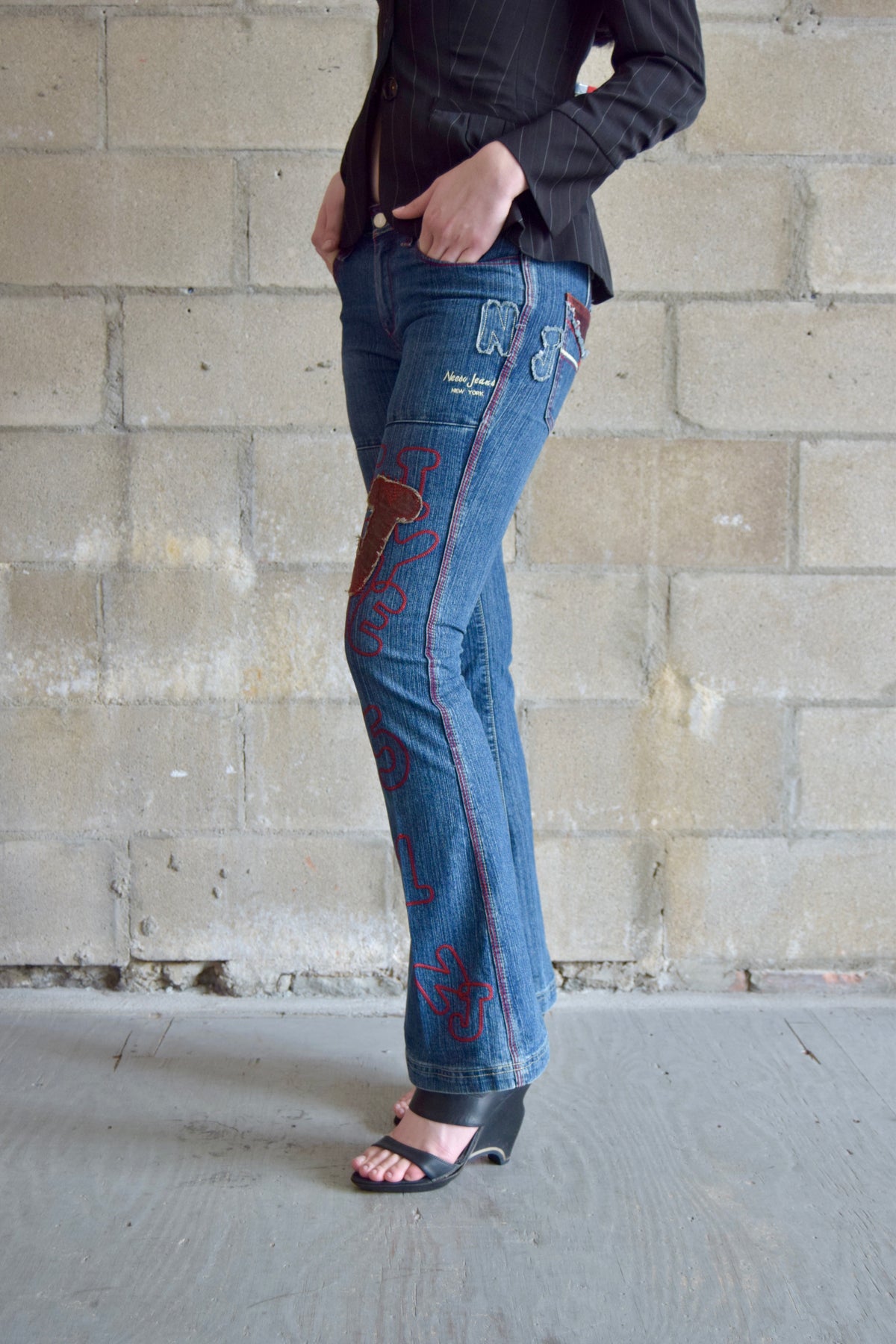 NEESO JEANS VINTAGE MAXILAMIST RED STITCH AND CORDUROY DETAIL LOW WAISTED JEANS