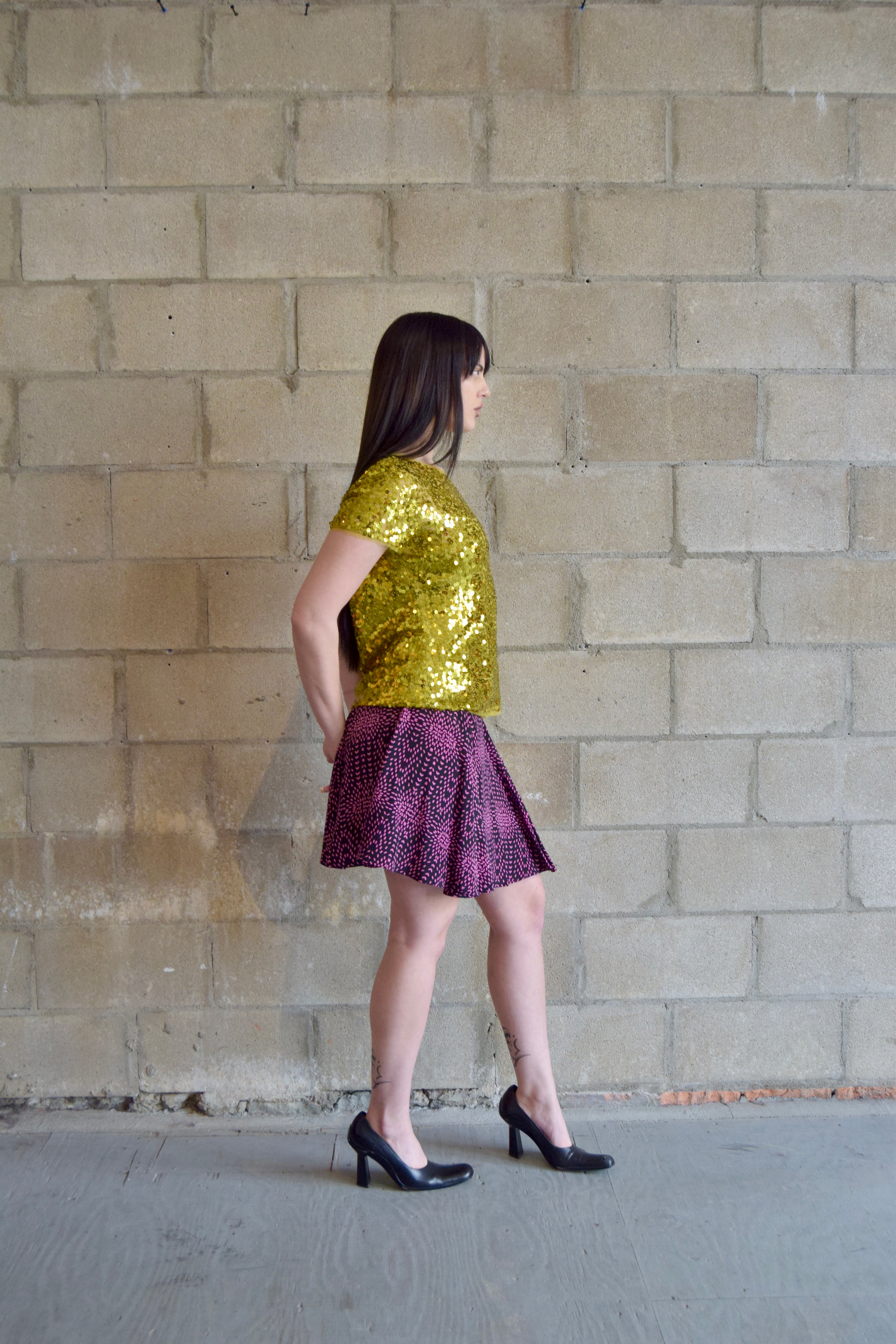 YUMI KIM BLACK AND PINK PATTERNED MINI SKIRT