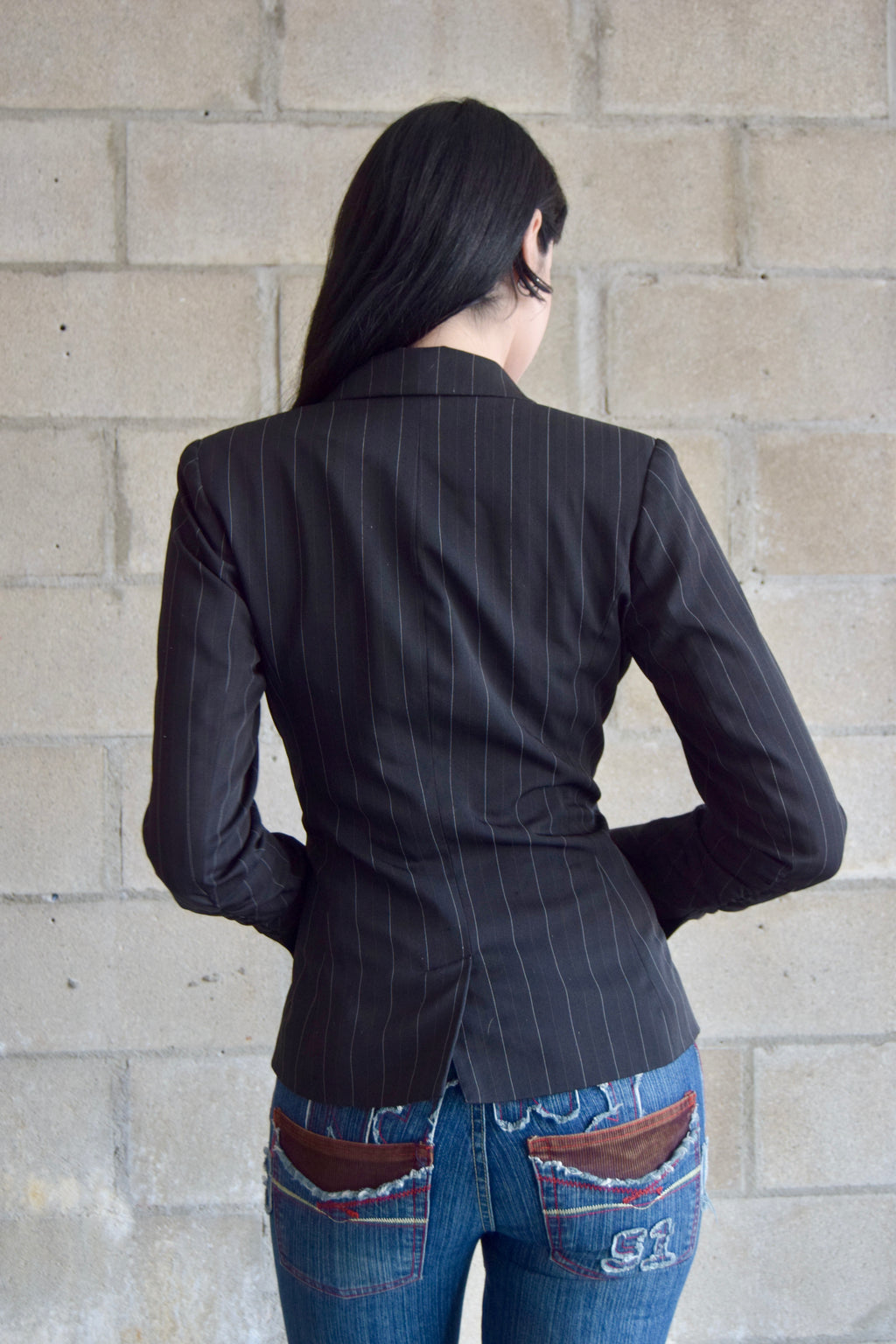 BISOU BISOU BLACK PINSTRIPE CINCHED BLAZER