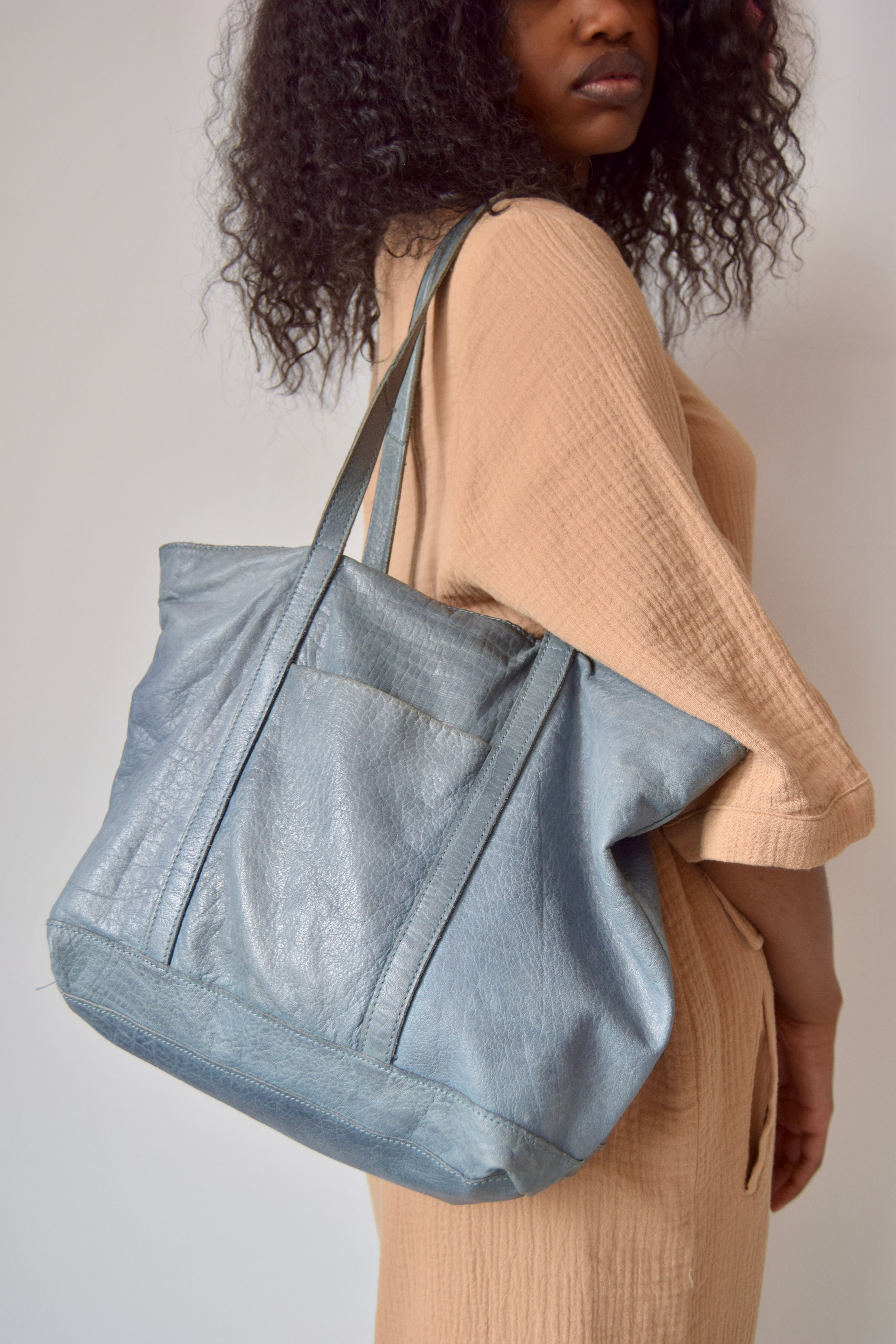 LATICO BLUE WASHED RAW EDGE LEATHER TOTE