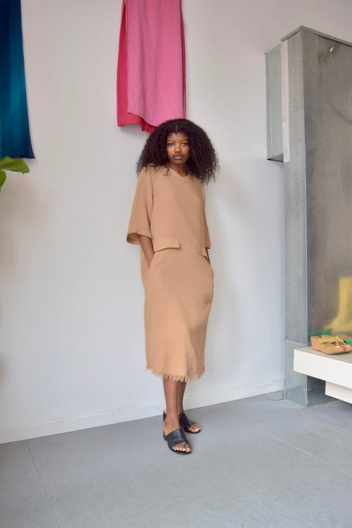 BLANK TAN DISTRESSED SHORT SLEEVE MAXI DRESS