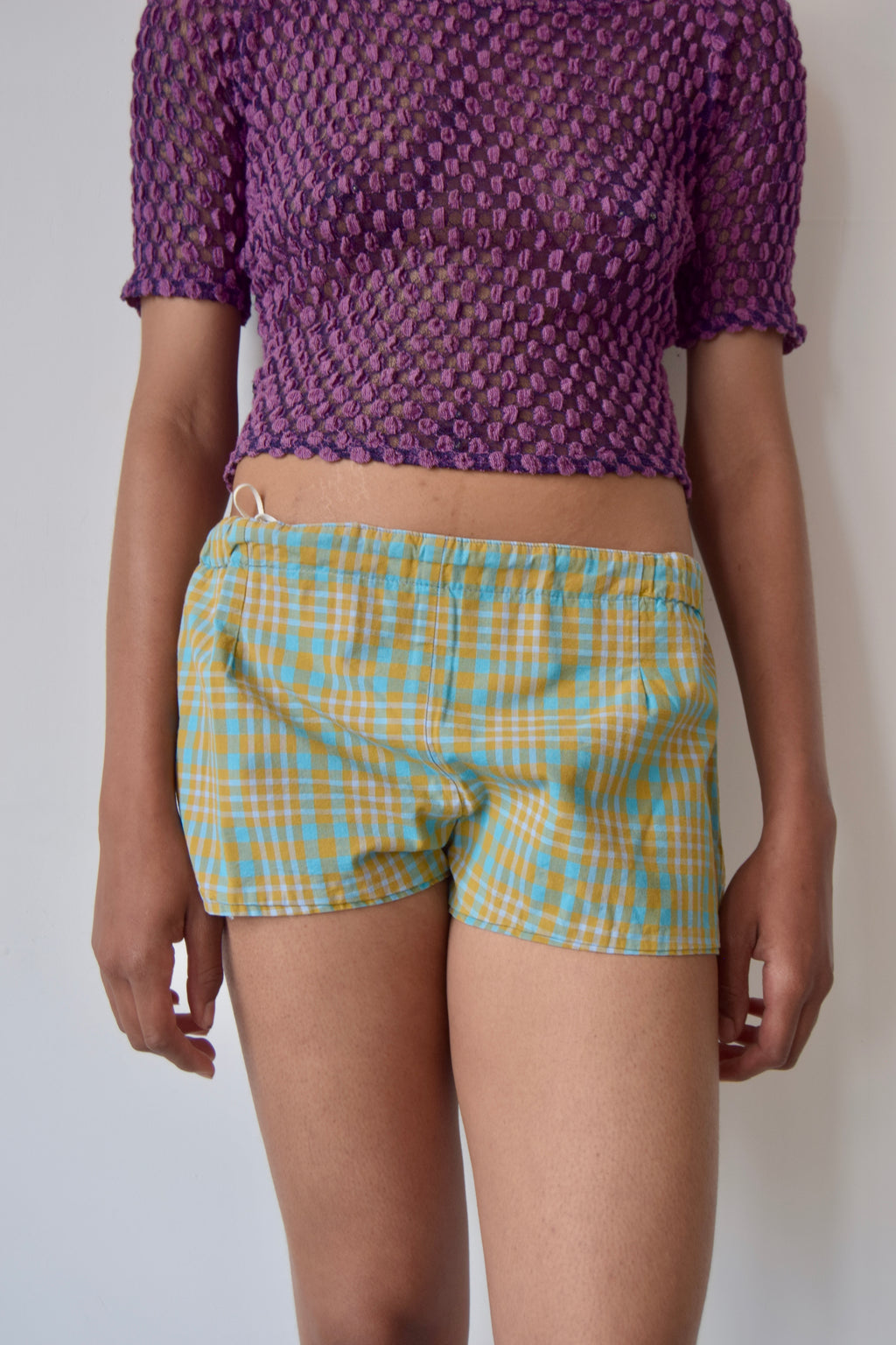 VINTAGE PLAID & BLUE REVERSIBLE DRAWSTRING MINI SHORTS