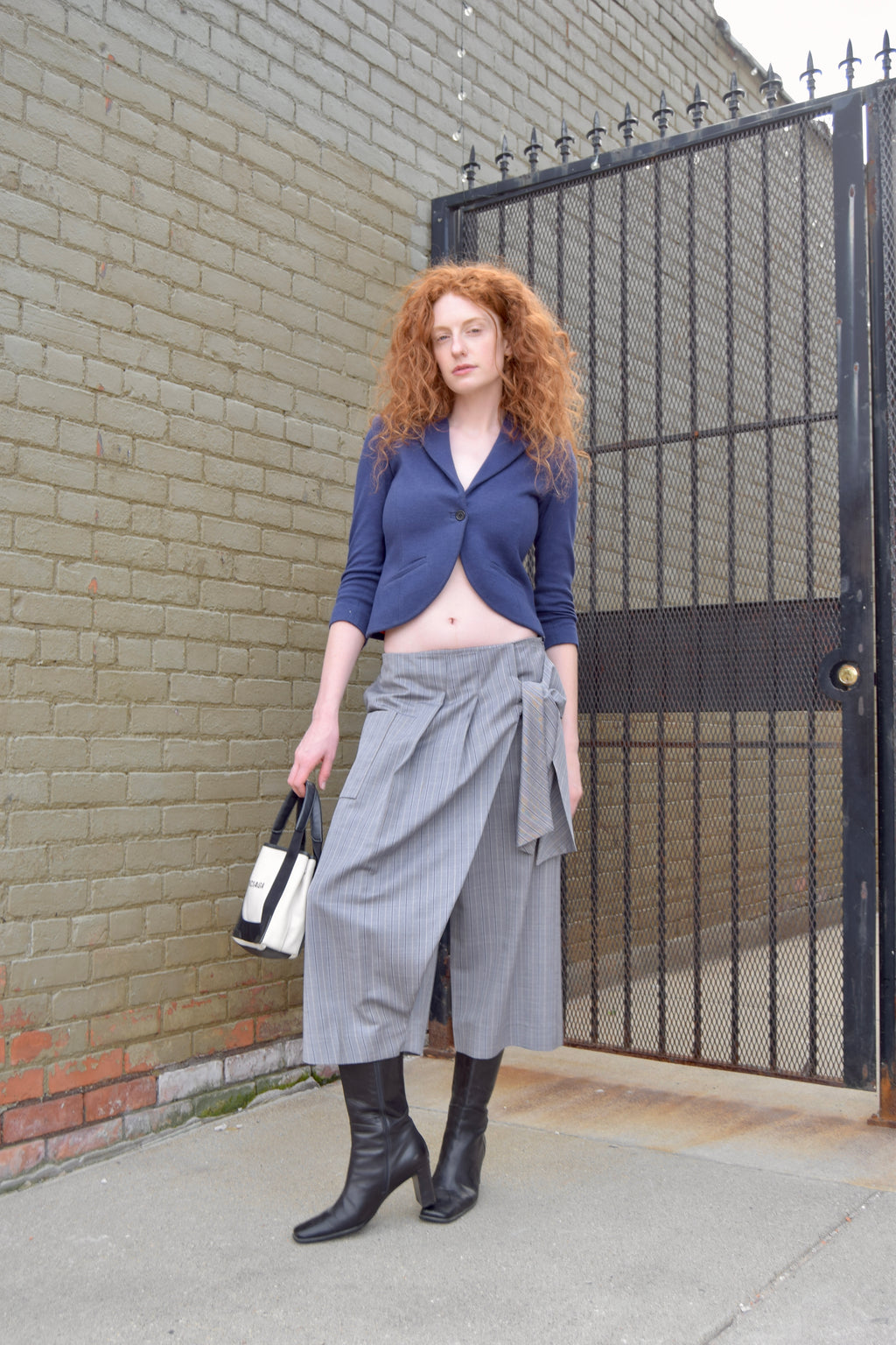 THAKOON GREY PINSTRIPE WIDE LEG PANTS WITH TIE WAIST