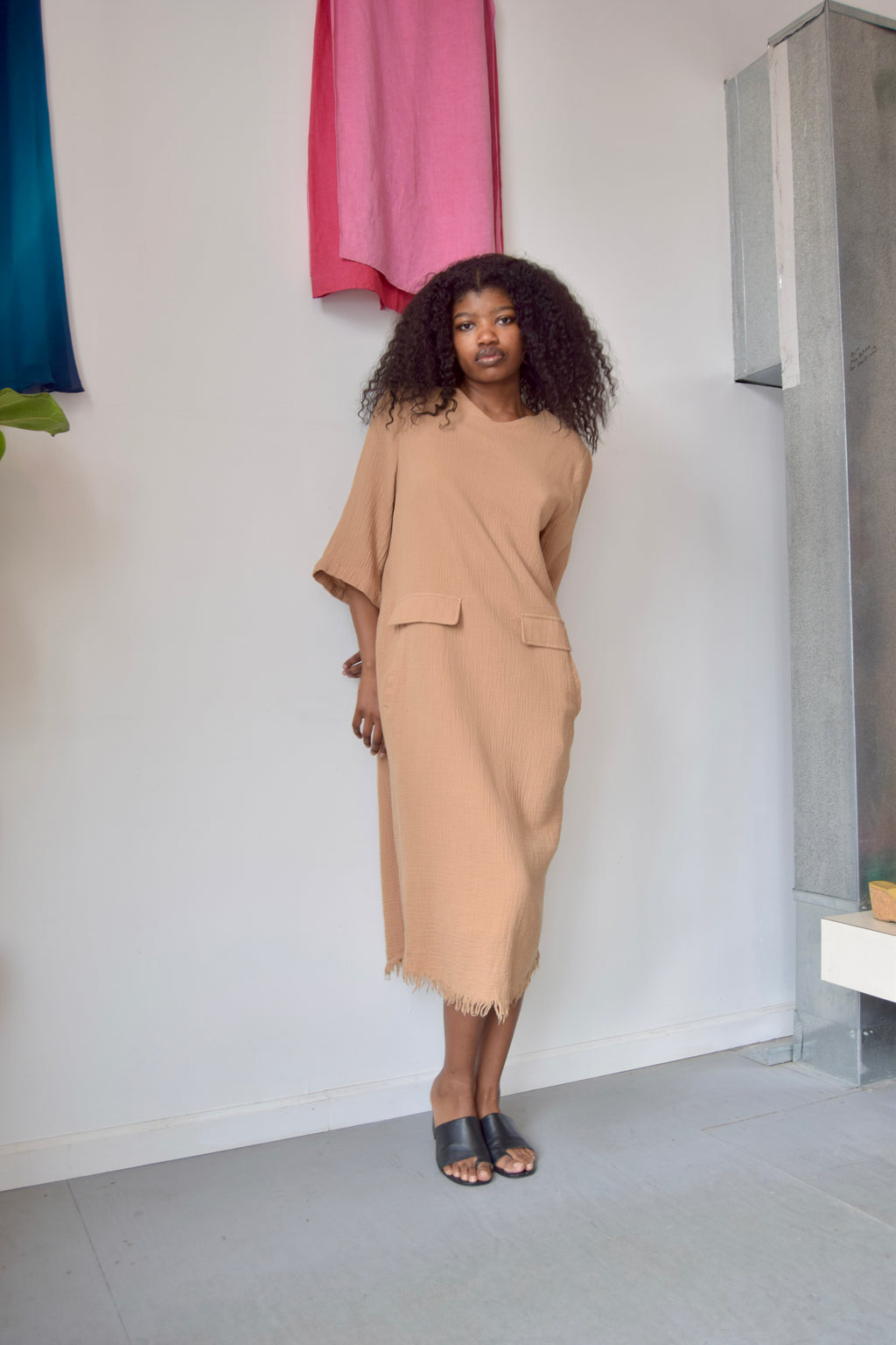 BLANK TAN DISTRESSED SHORT SLEEVE MAXI DRESS
