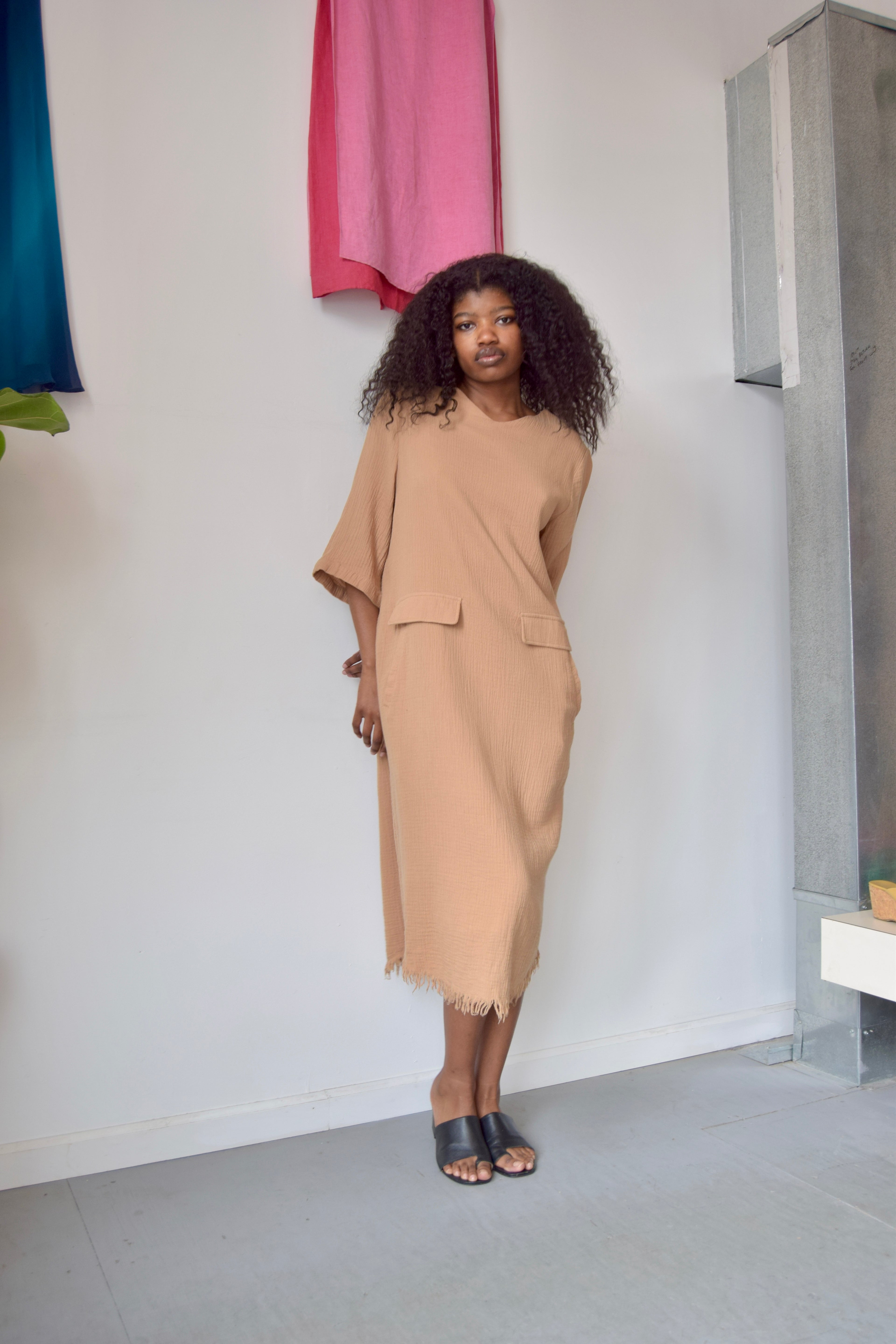 BLANK TAN DISTRESSED SHORT SLEEVE MAXI DRESS