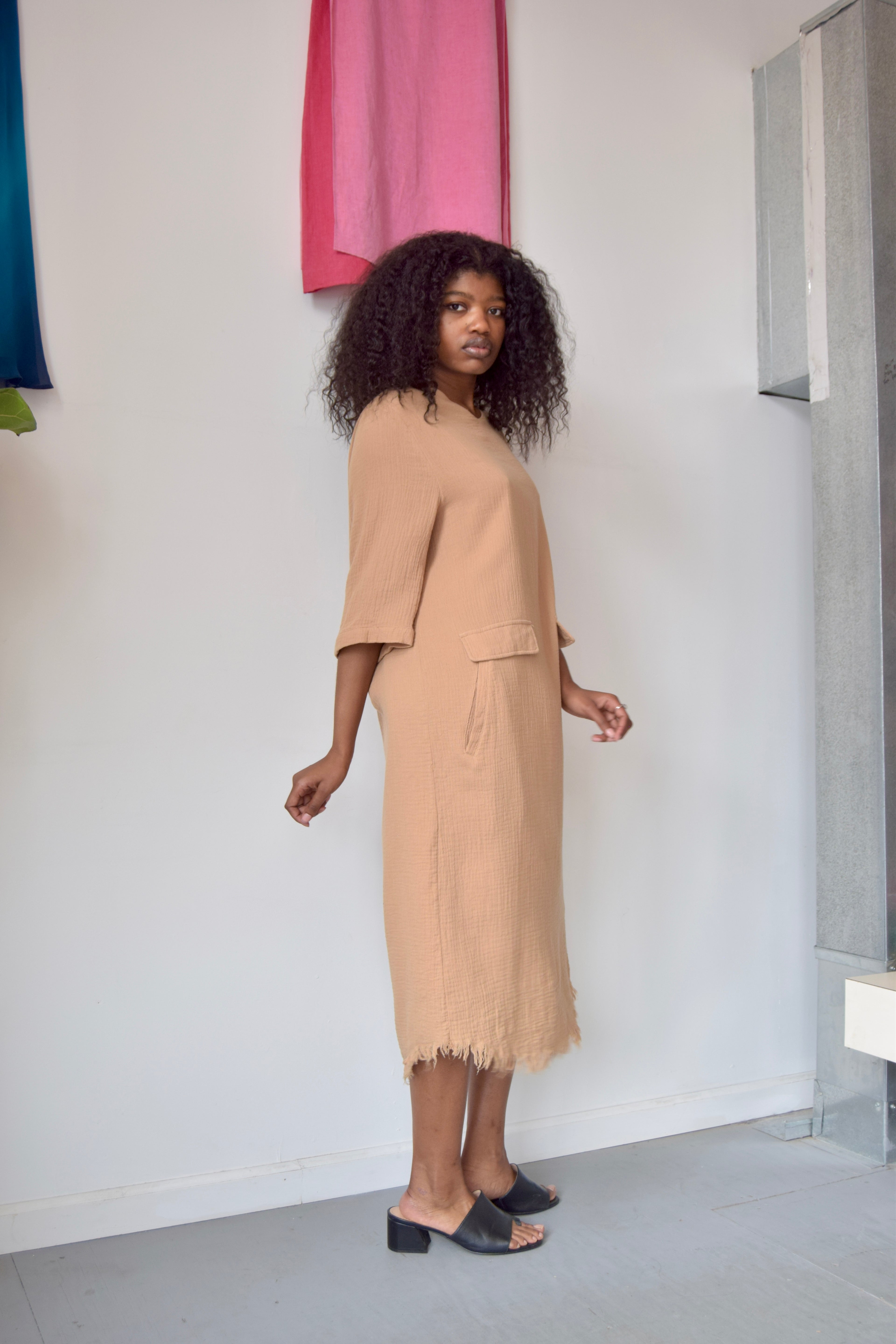 BLANK TAN DISTRESSED SHORT SLEEVE MAXI DRESS