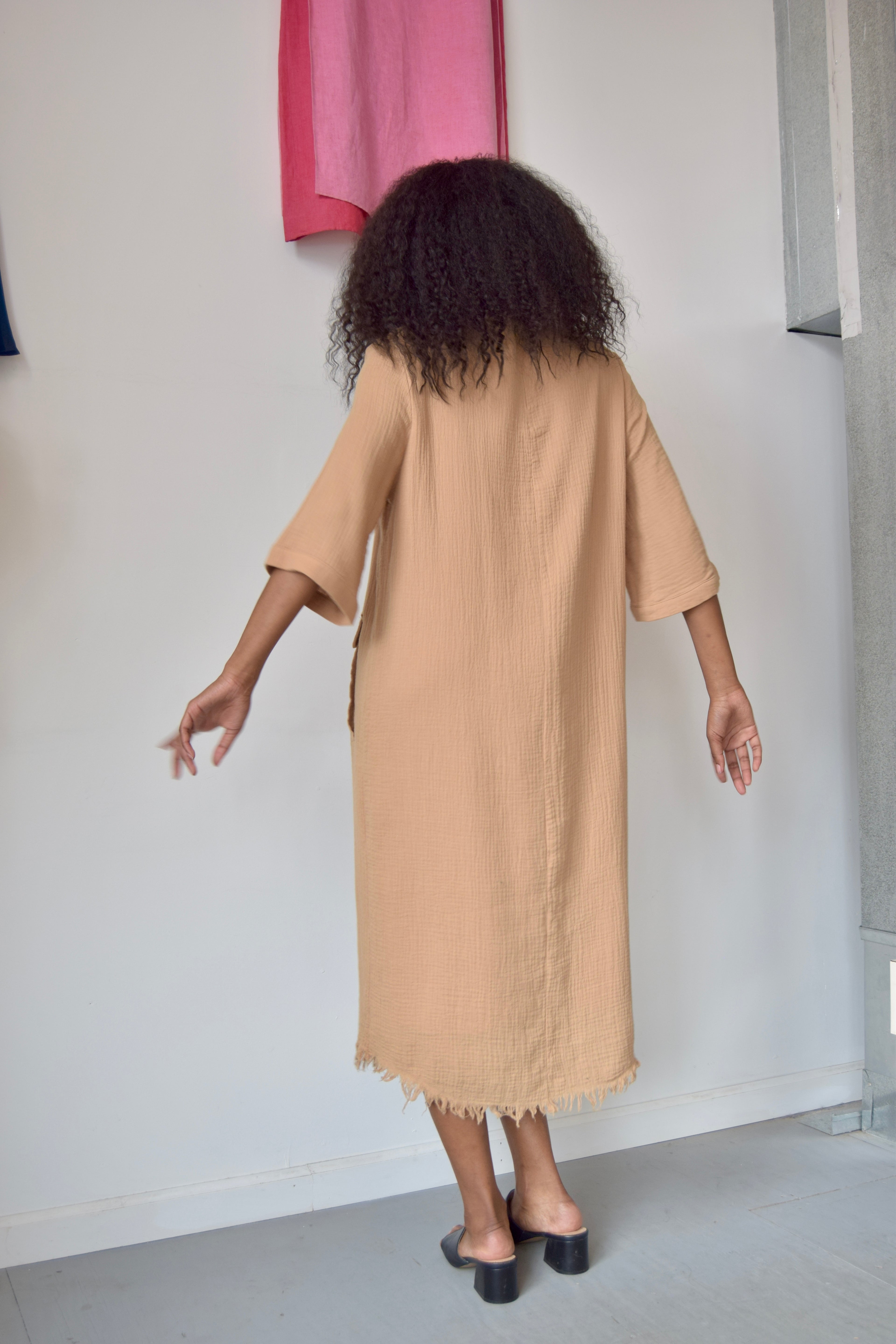 BLANK TAN DISTRESSED SHORT SLEEVE MAXI DRESS