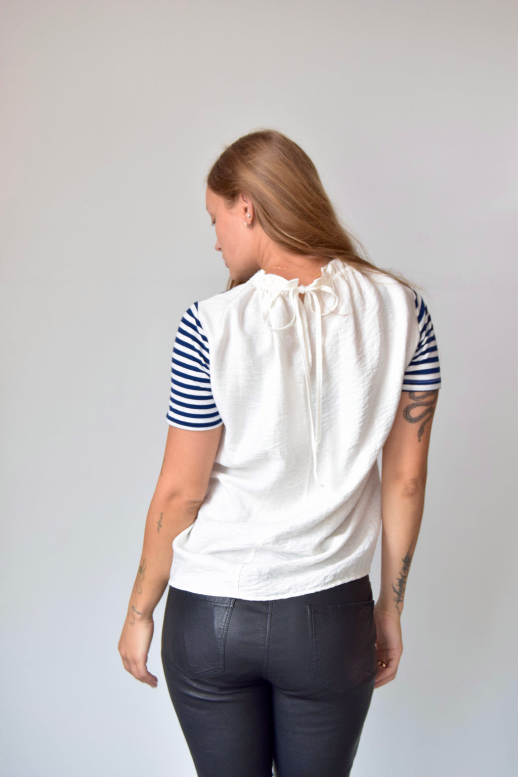 CLU TOO NAVY AND WHITE STRIPED TIE BACK TEE
