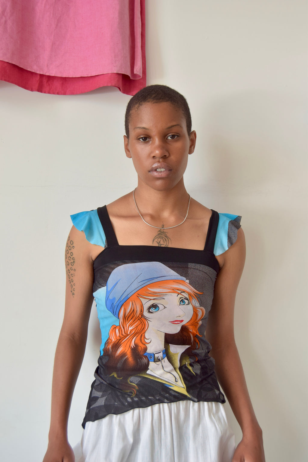SHEER ILLUSTRATED GRAPHIC TANK WITH RUFFLE TRIM SLEEVES