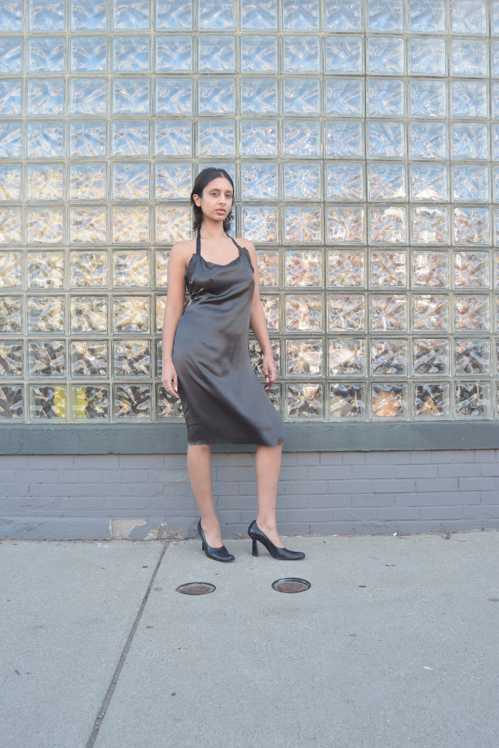 SEXY SILK DEEP OLIVE HALTER DRESS