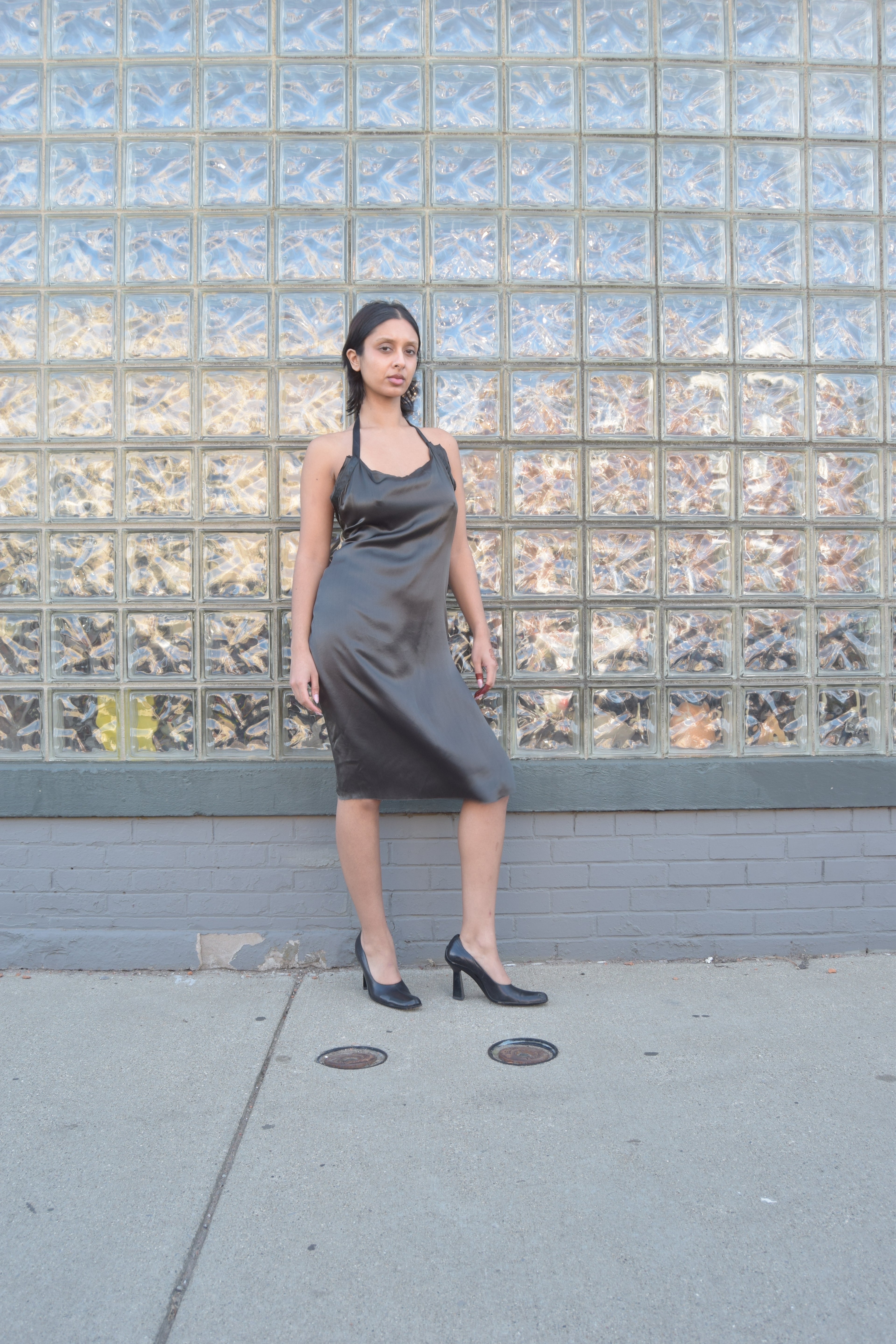 SEXY SILK DEEP OLIVE HALTER DRESS