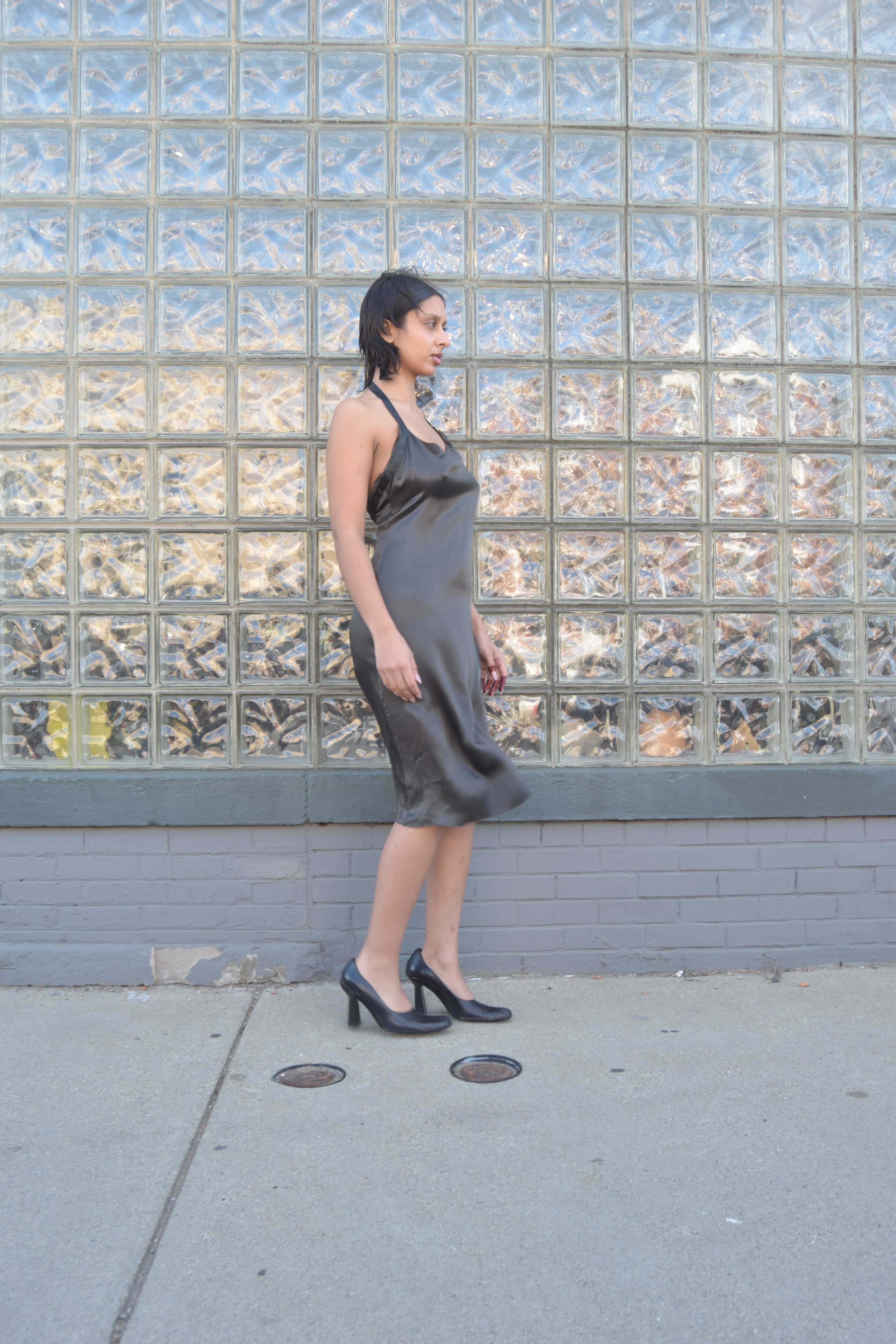 SEXY SILK DEEP OLIVE HALTER DRESS