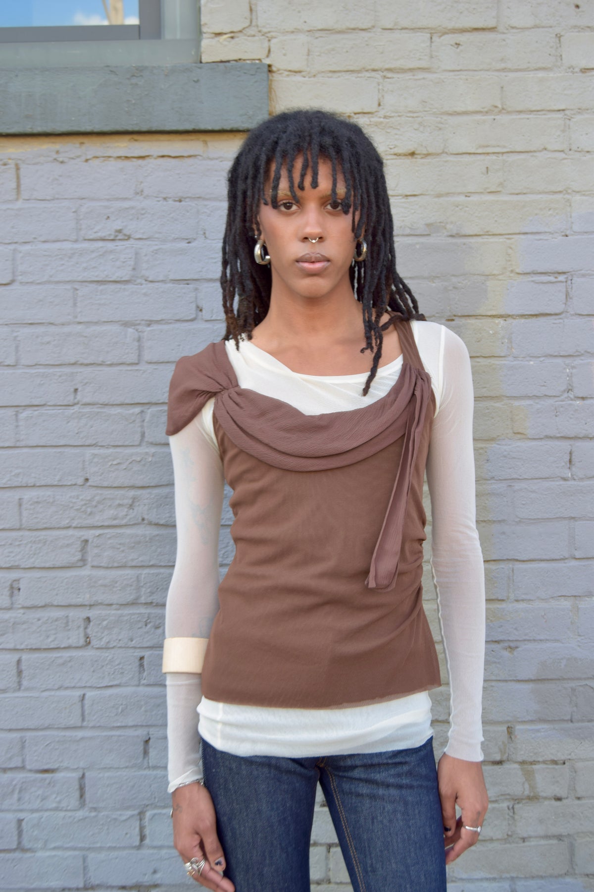 MOTH BROWN MESH CAMI WITH SHOULDER TRIM DETAIL