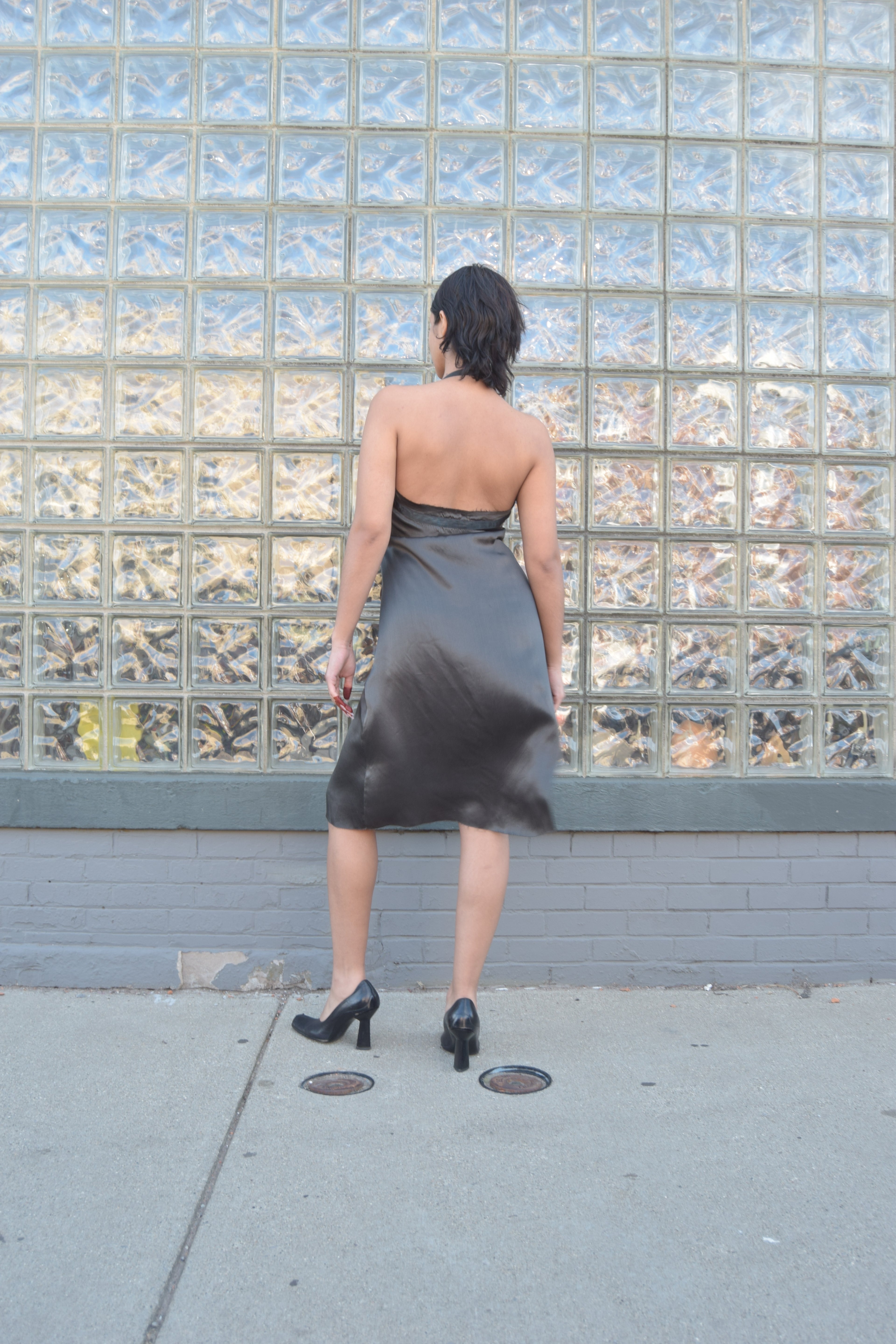 SEXY SILK DEEP OLIVE HALTER DRESS