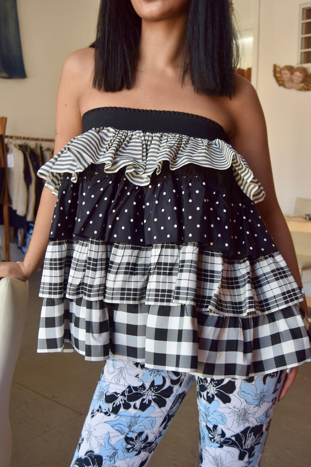 BILL BLASS BLACK & WHITE MULTIPATTERNED LAYERED MINI SKIRT
