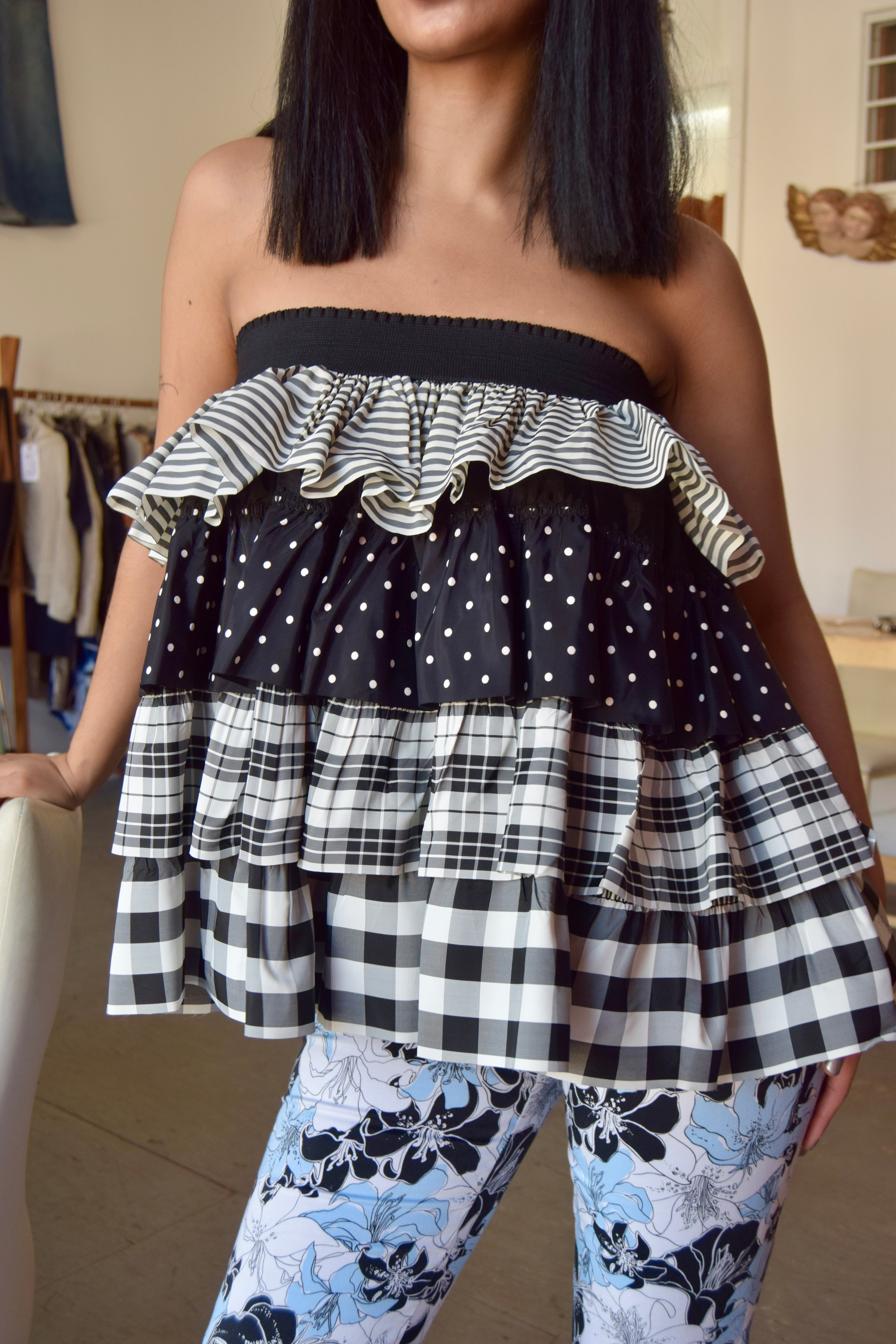 BILL BLASS BLACK & WHITE MULTIPATTERNED LAYERED MINI SKIRT