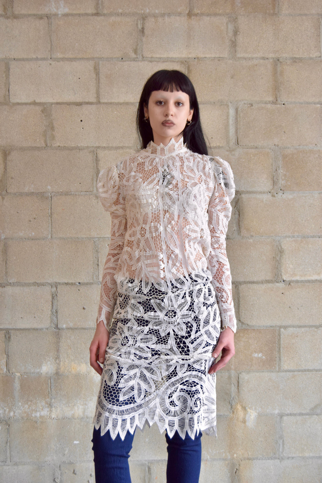 BECKY BISOULIS WHITE LONG SLEEVE INTRICATE FULL LACE LONG SLEEVE PUFF SHOULDER MAXI DRESS