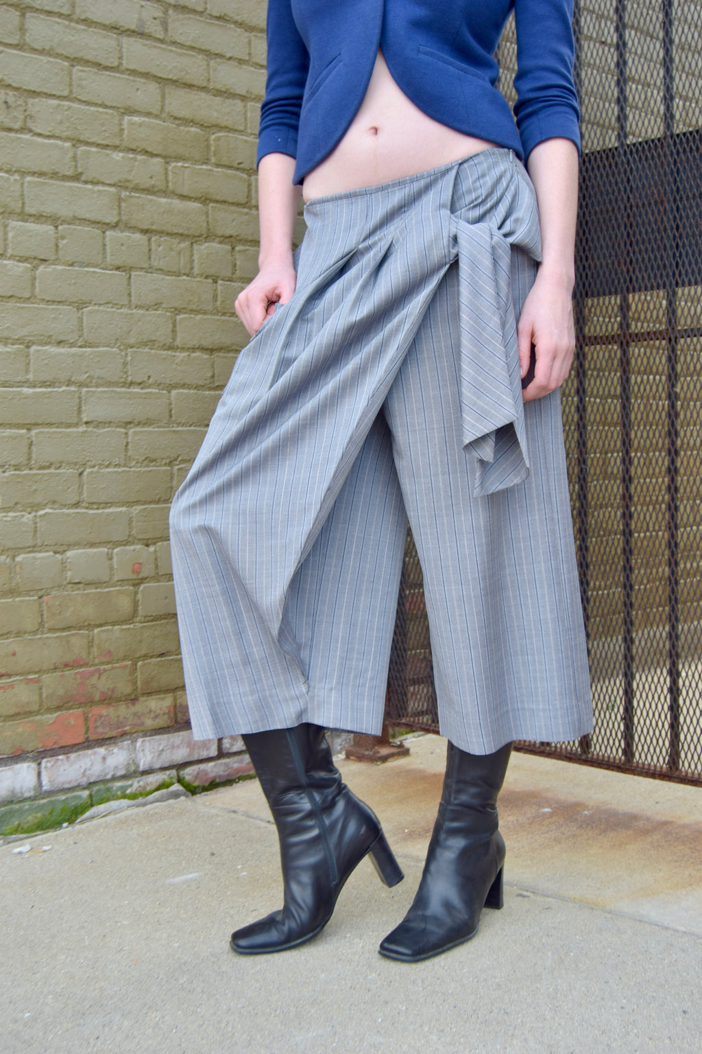 THAKOON GREY PINSTRIPE WIDE LEG PANTS WITH TIE WAIST