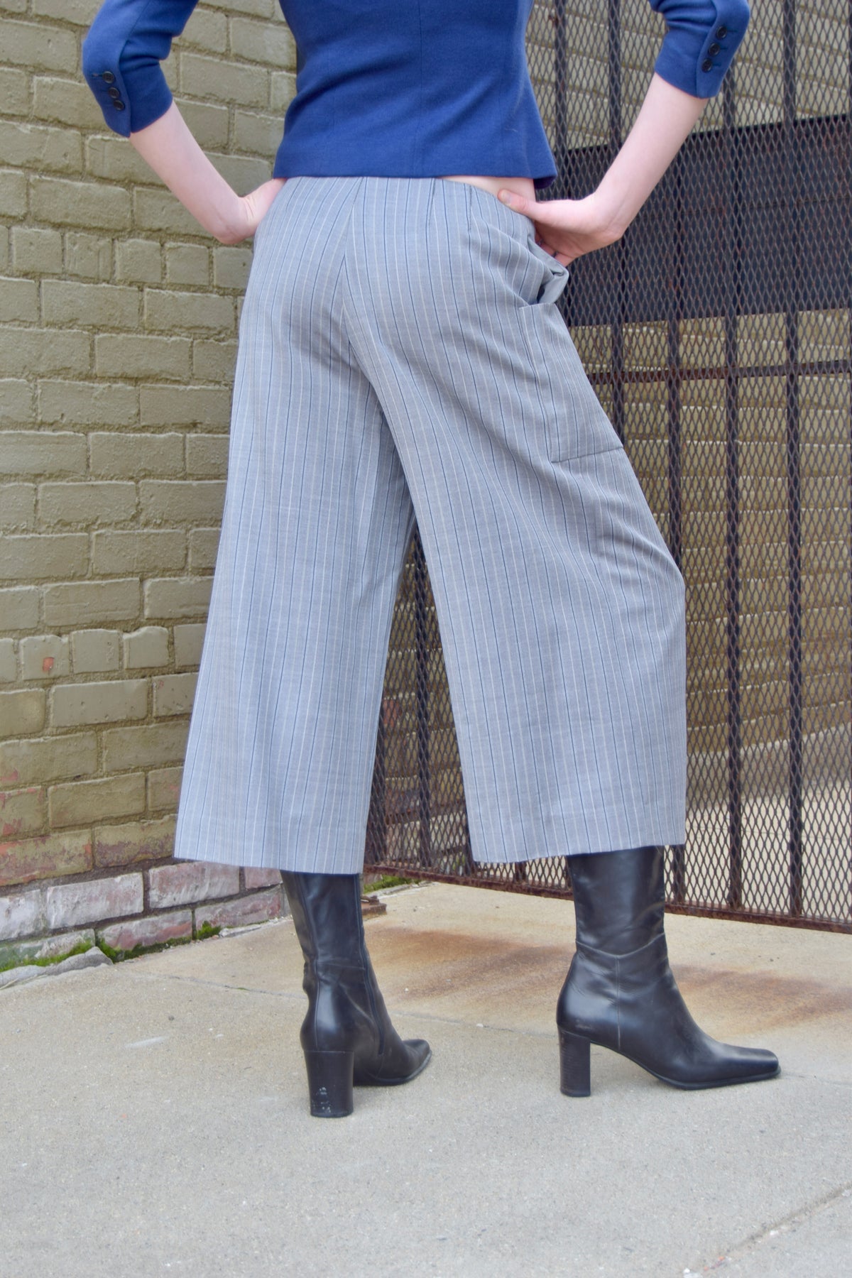 THAKOON GREY PINSTRIPE WIDE LEG PANTS WITH TIE WAIST