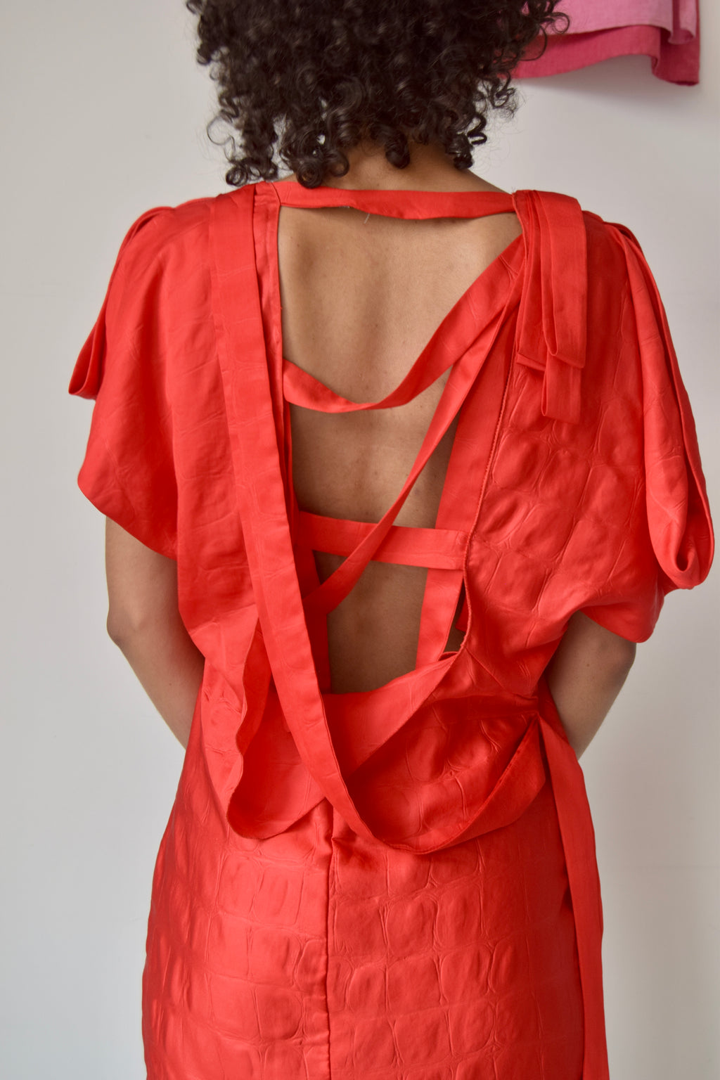 GAETANO NAVARRA FAUX CROCODILE RED TIE BACK MINI DRESS