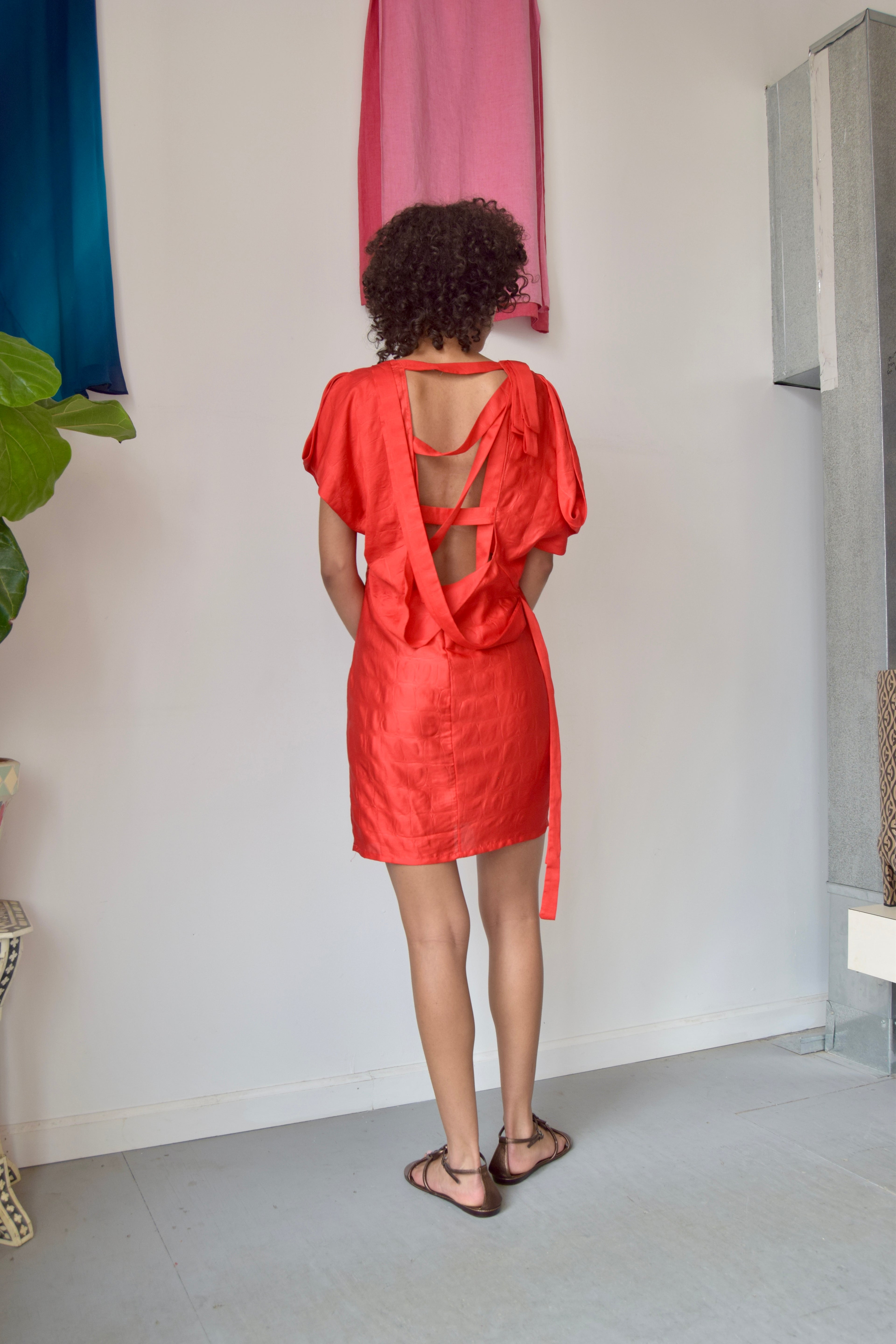 GAETANO NAVARRA FAUX CROCODILE RED TIE BACK MINI DRESS