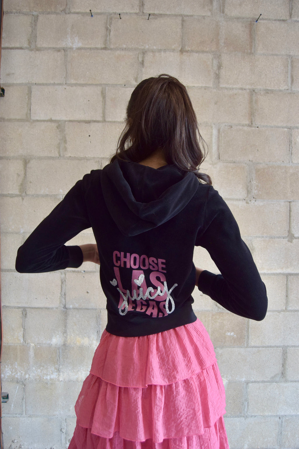 JUICY BLACK LAS VEGAS GRAPHIC VELVET HOODIE