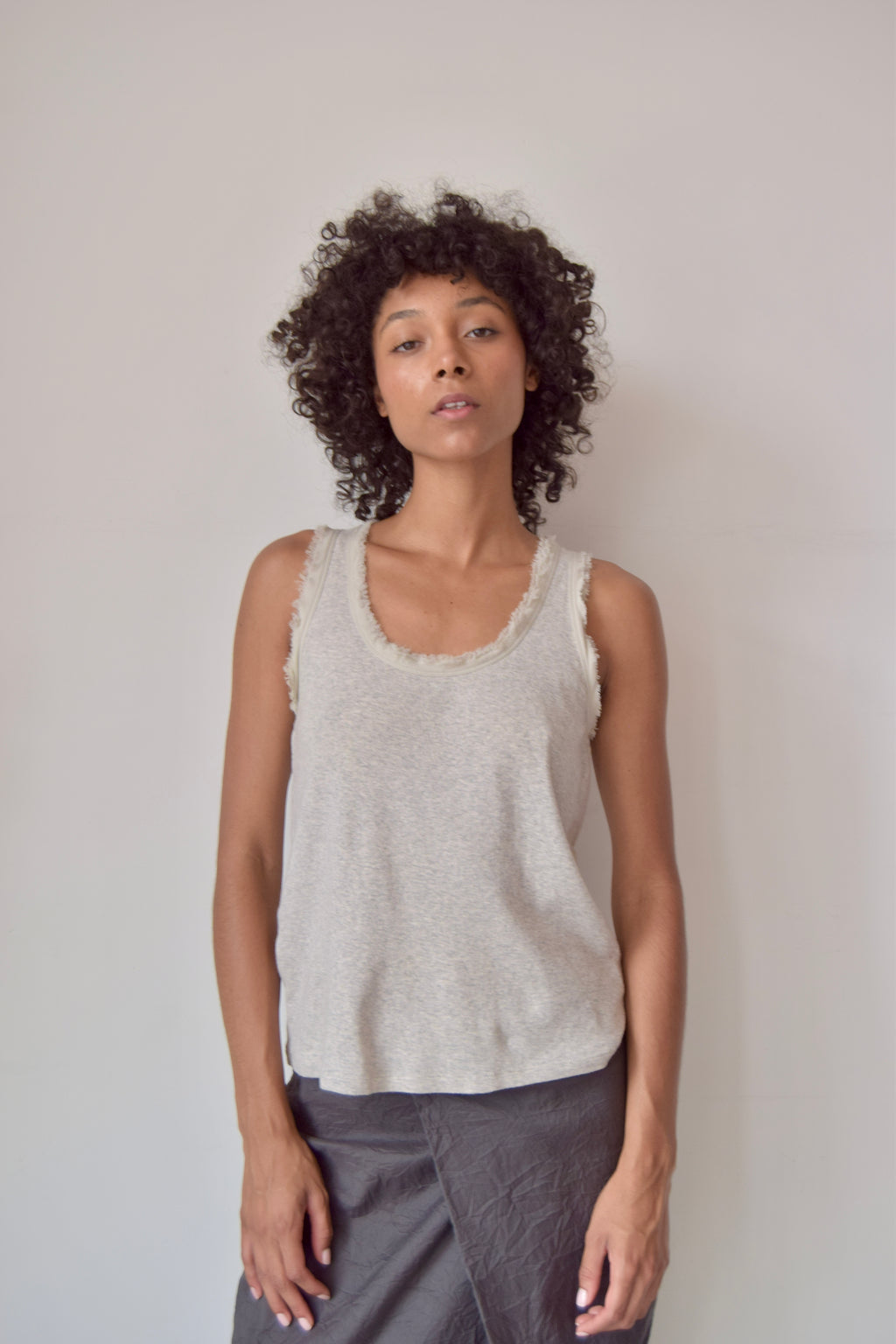 MAGASCHONI GREY COTTON TANK WITH FRAYED SILK TRIM