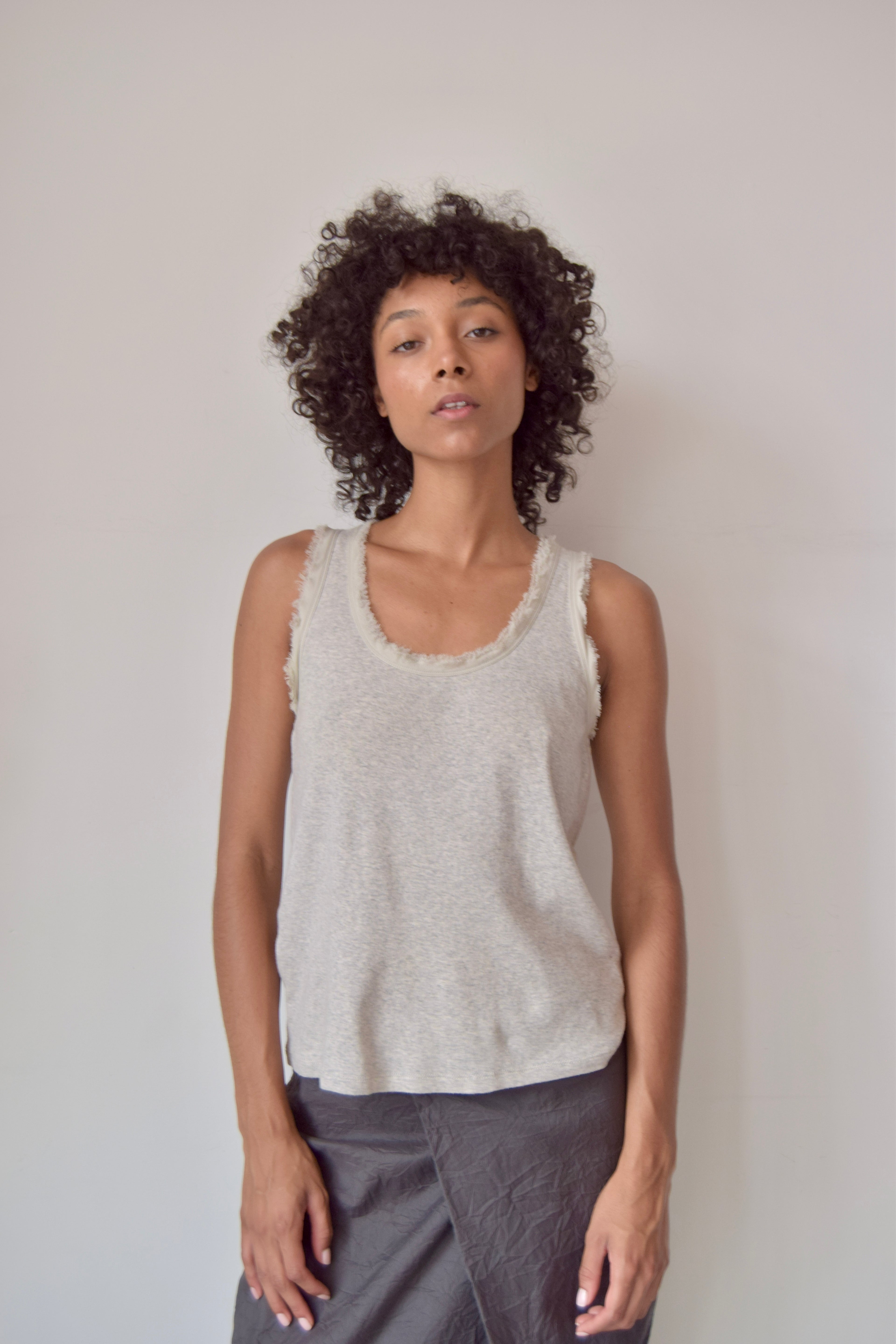 MAGASCHONI GREY COTTON TANK WITH FRAYED SILK TRIM