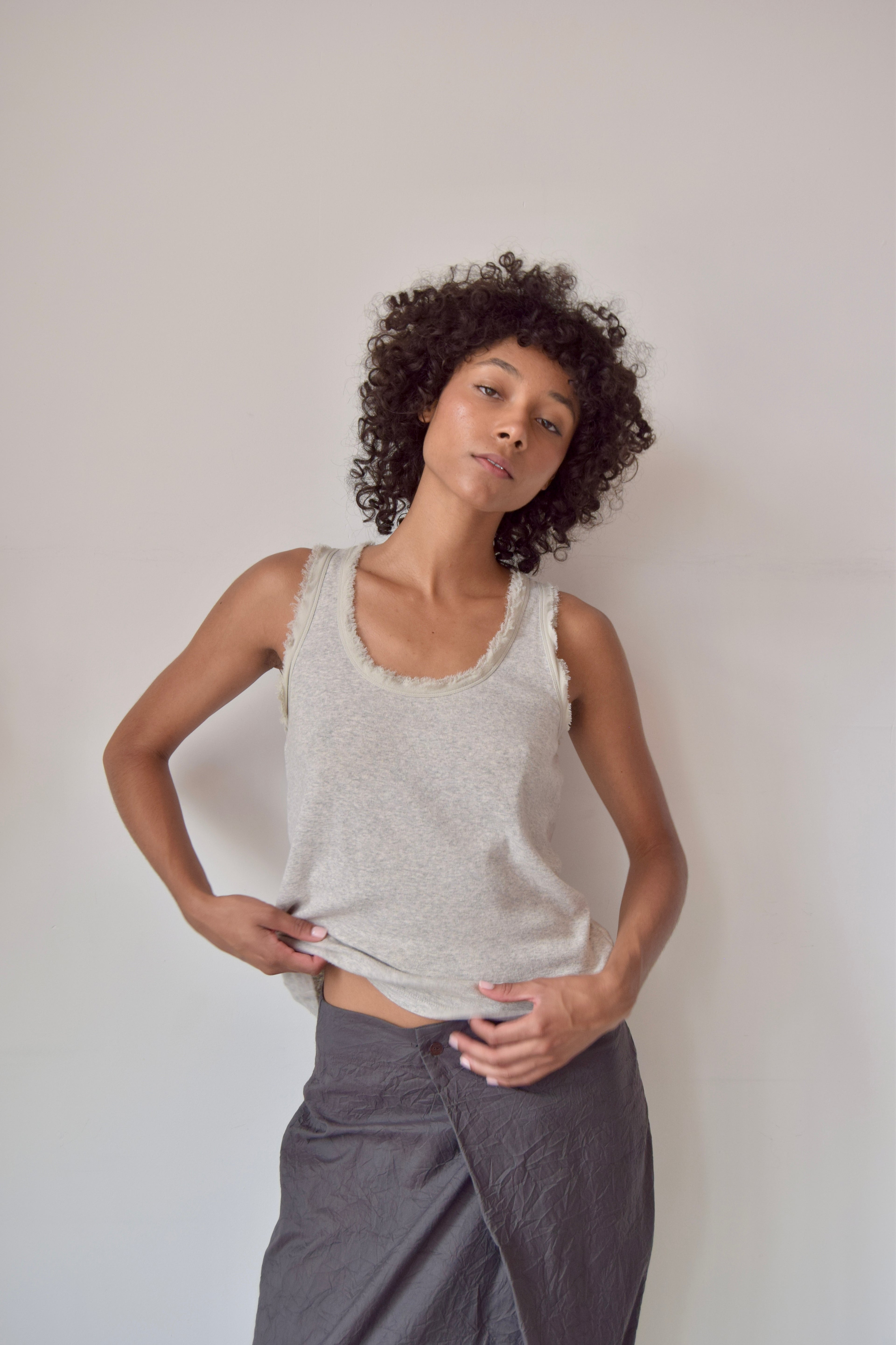 MAGASCHONI GREY COTTON TANK WITH FRAYED SILK TRIM