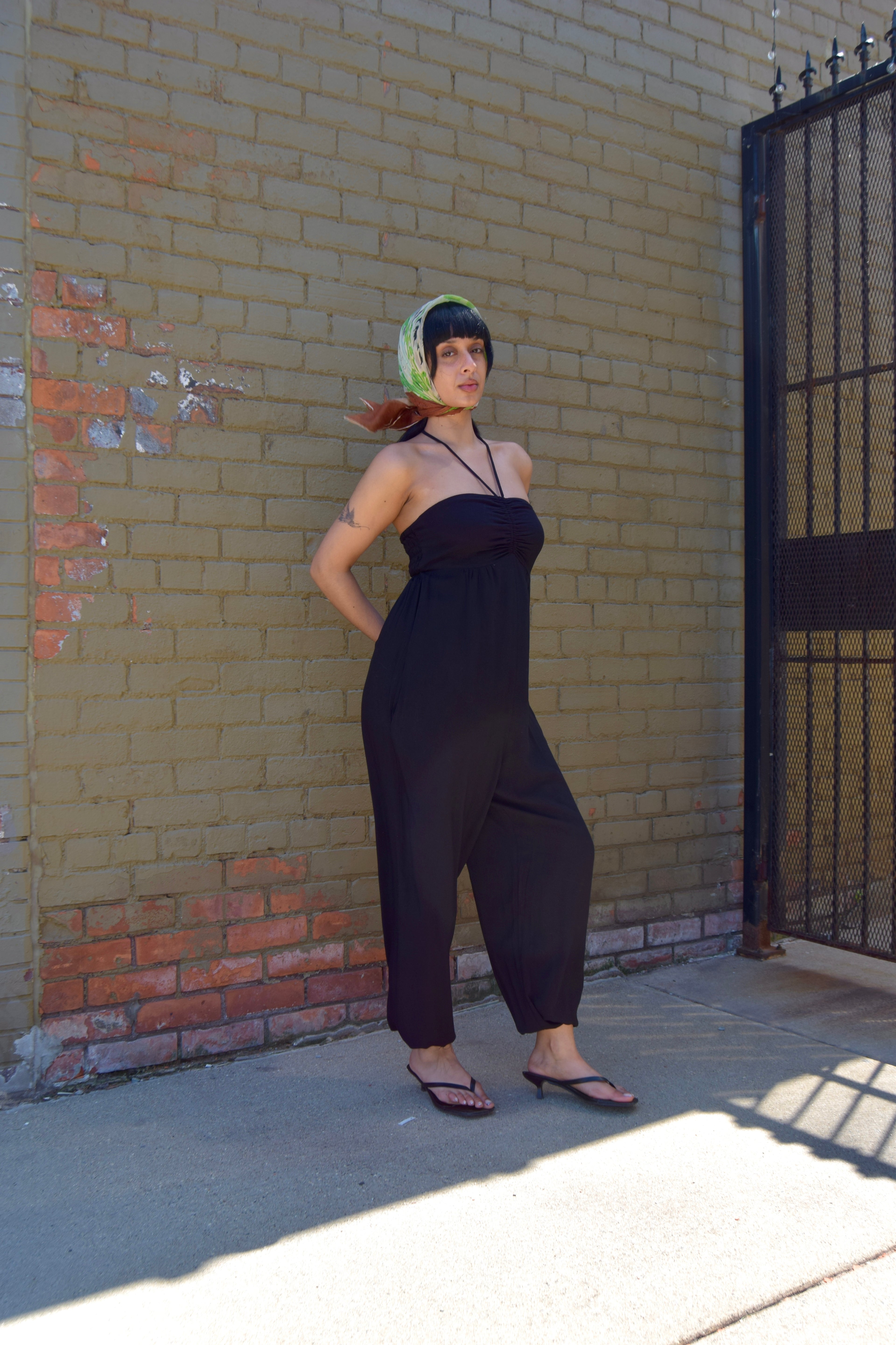 FRENCH CONNECTION BLACK COTTON HALTER NECK SLEEVLESS JUMPSUIT