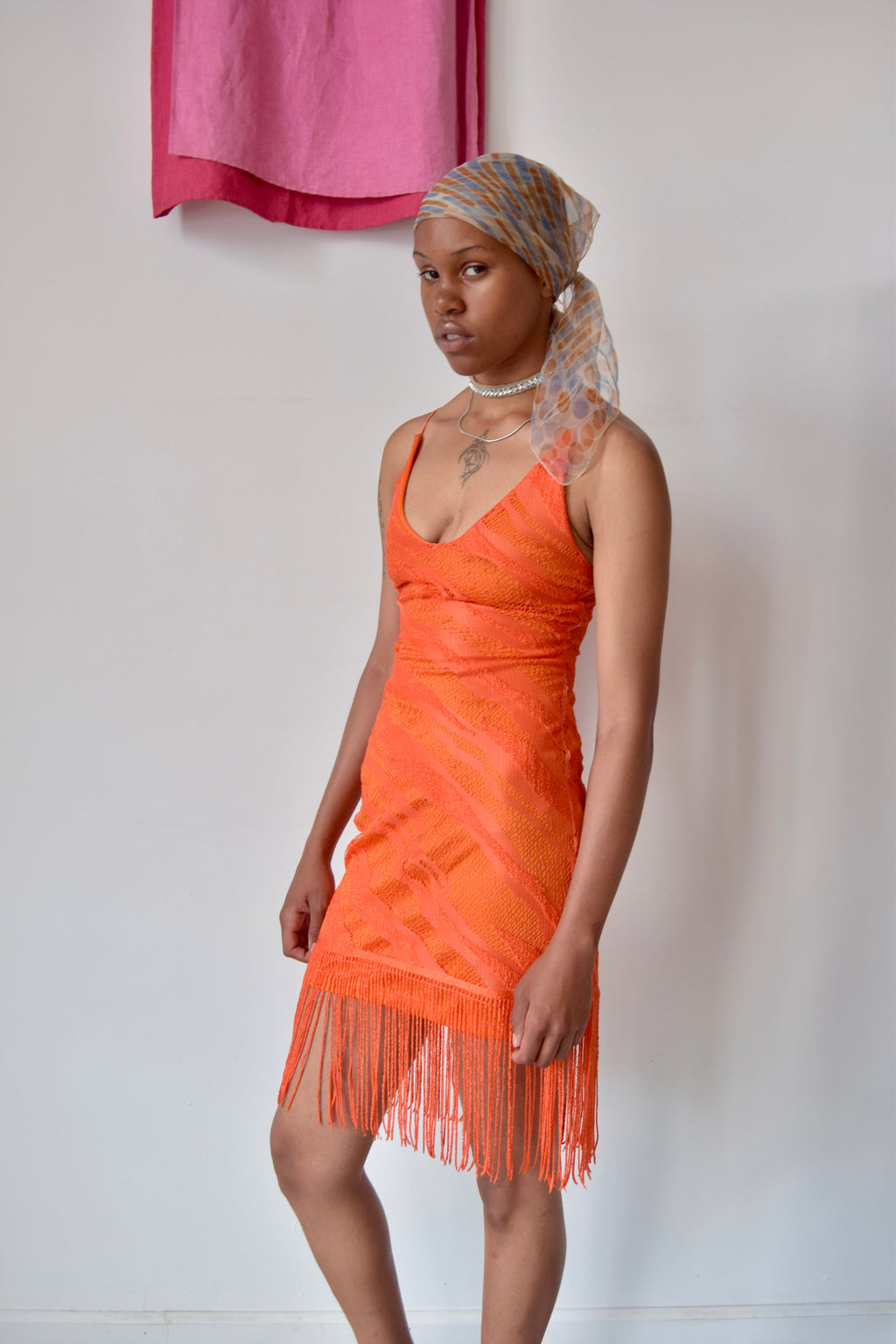 BEWARE VINTAGE ORANGE KNIT MINI DRESS WITH FRINGE TRIM