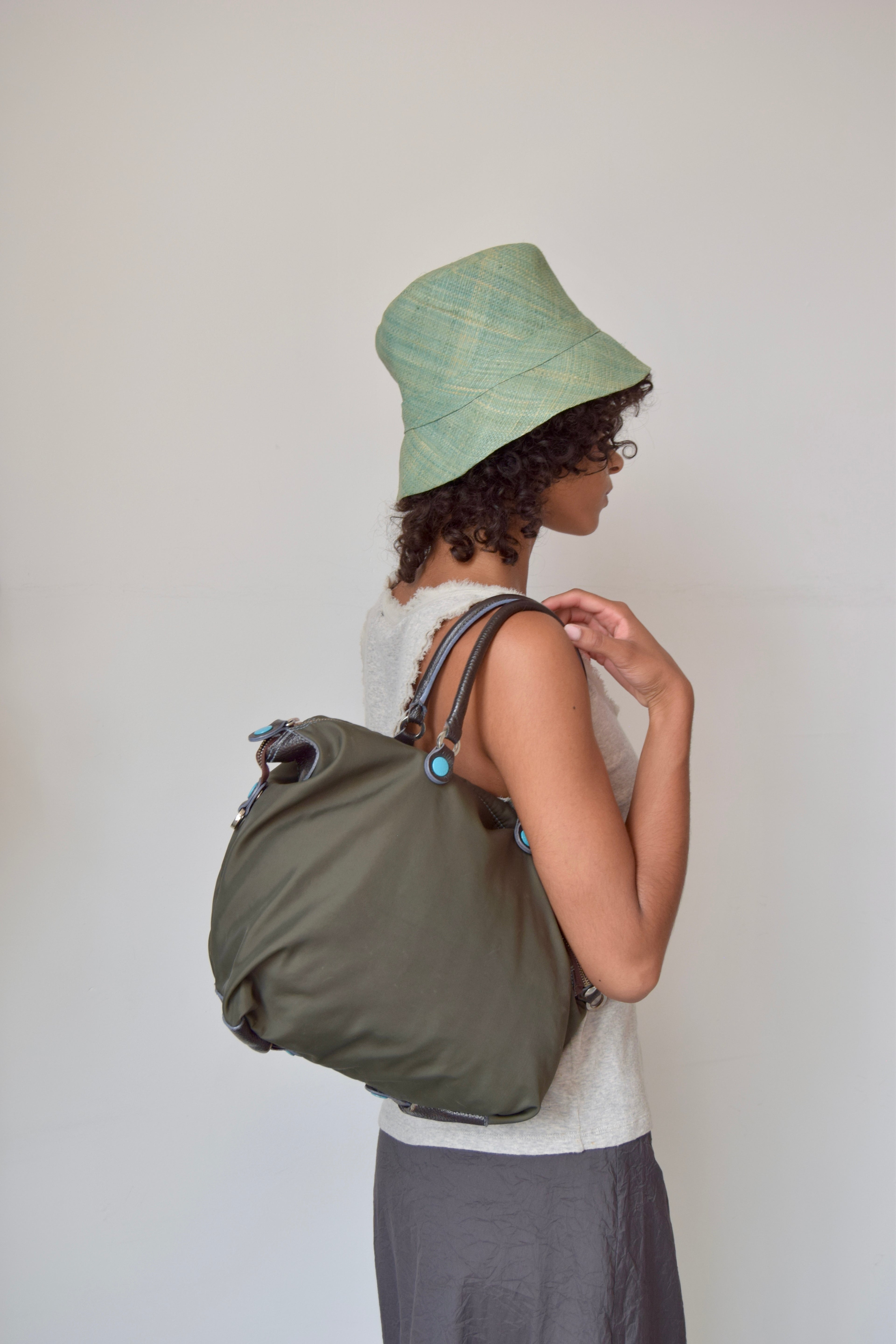 GABS OLIVE GREEN TOTE WITH TEAL BUTTON DETAILING