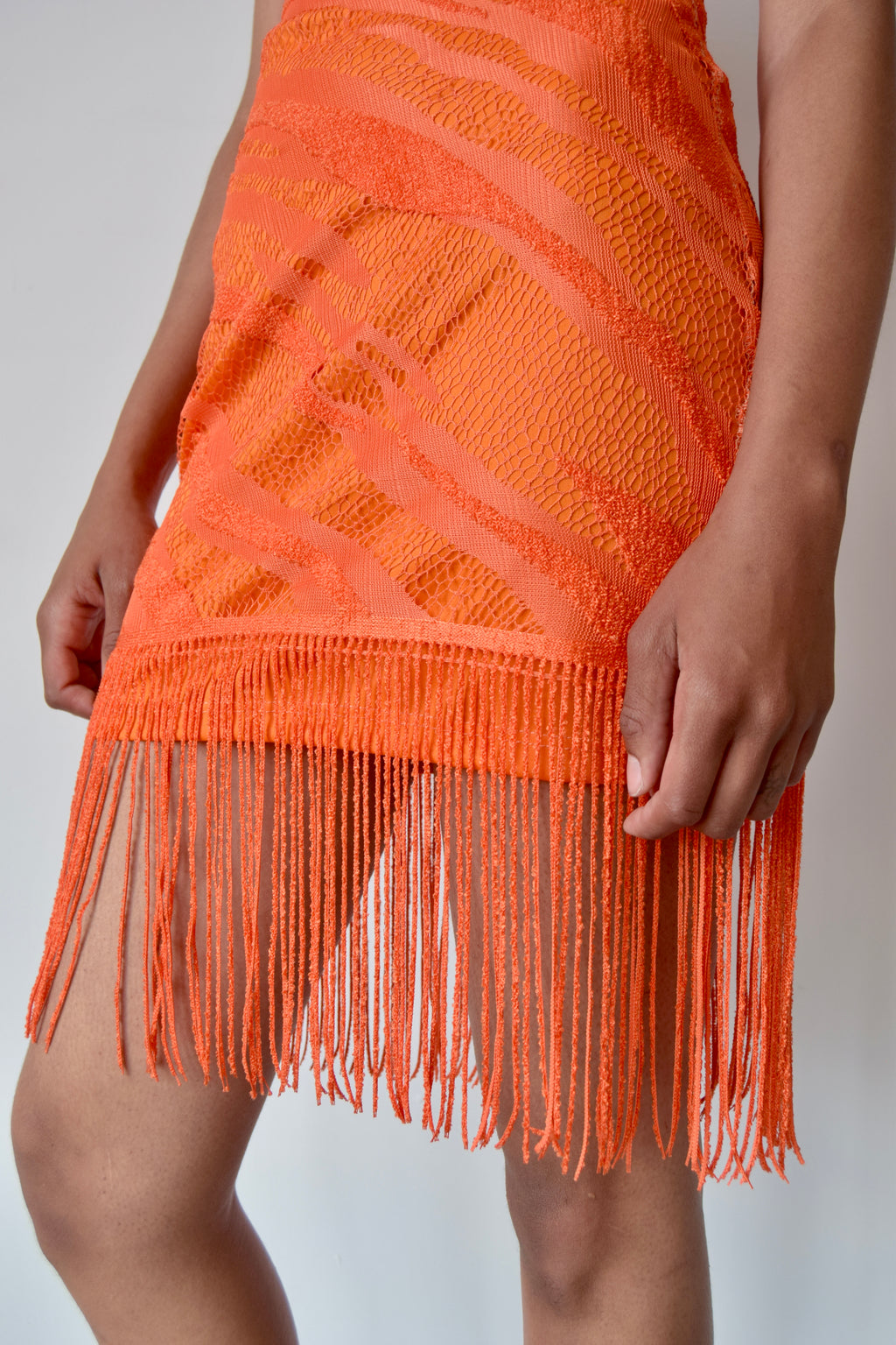 BEWARE VINTAGE ORANGE KNIT MINI DRESS WITH FRINGE TRIM