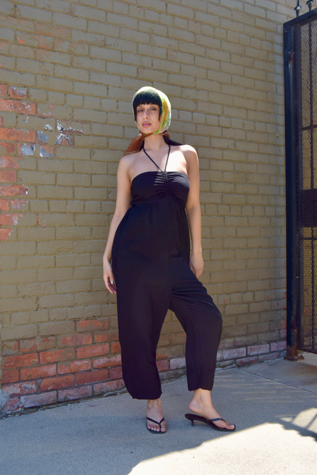 FRENCH CONNECTION BLACK COTTON HALTER NECK SLEEVLESS JUMPSUIT